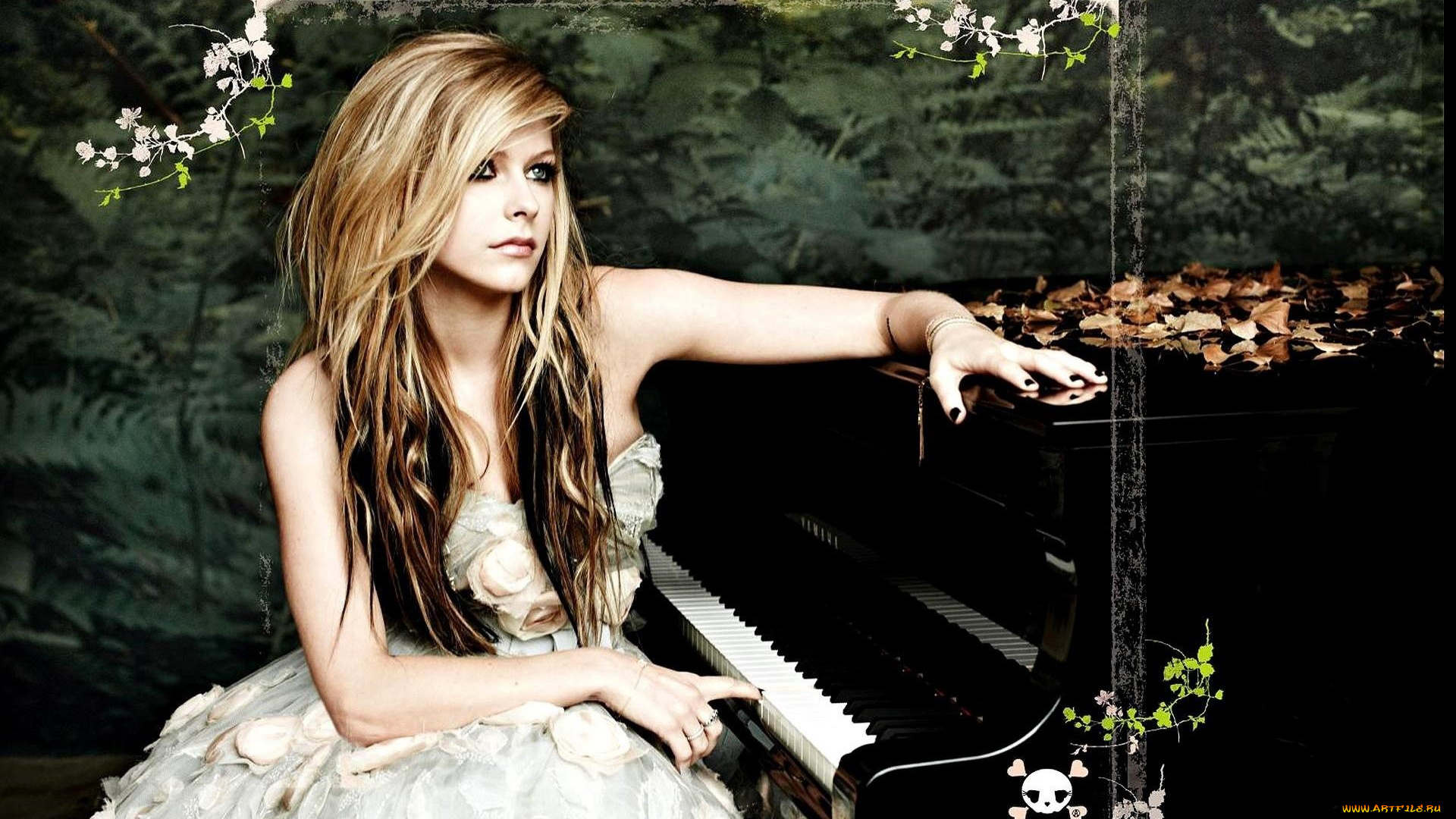 музыка, avril, lavigne, блондинка, платье, пианино, листья, папоротник