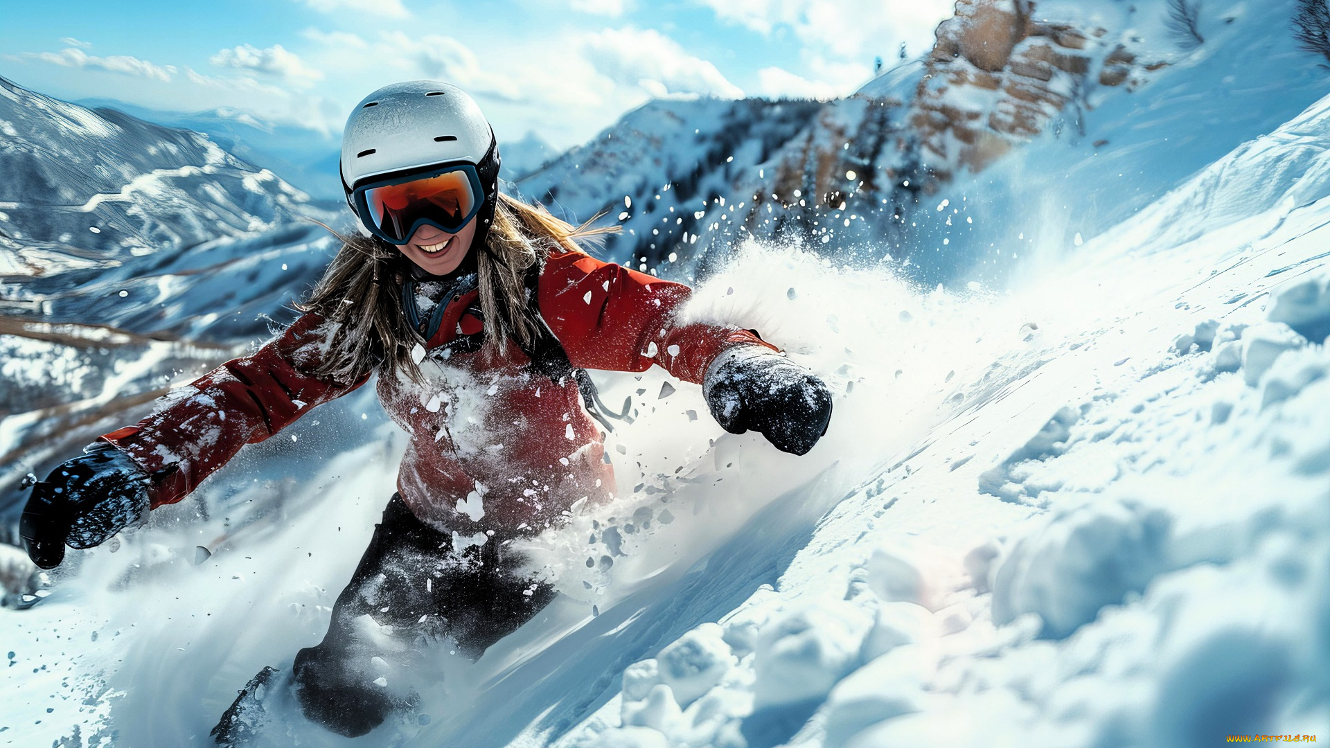 спорт, сноуборд, девушка, шлем, горы, снег