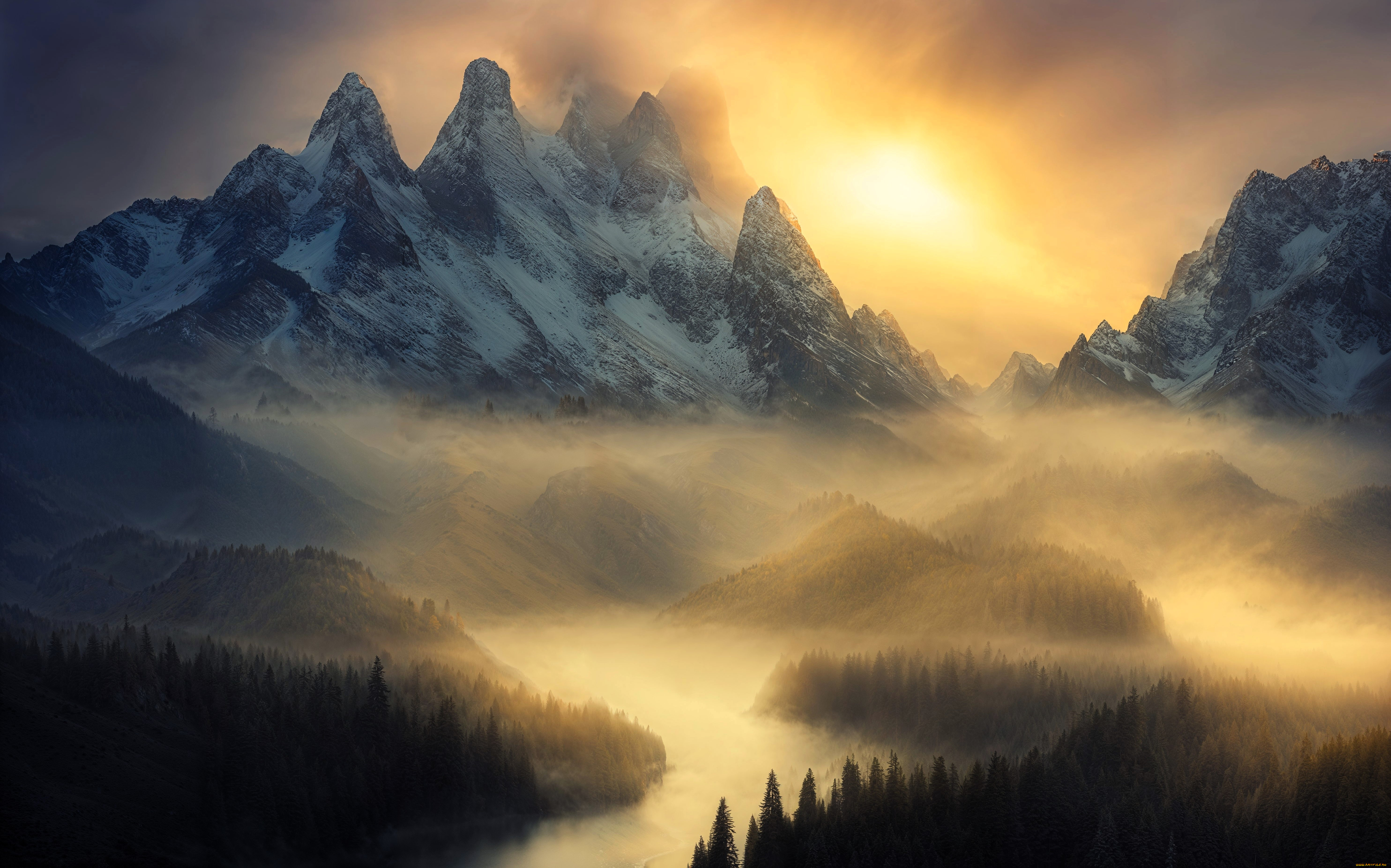 3д, графика, природа, , nature, горы, снег, закат, туман, река, лес