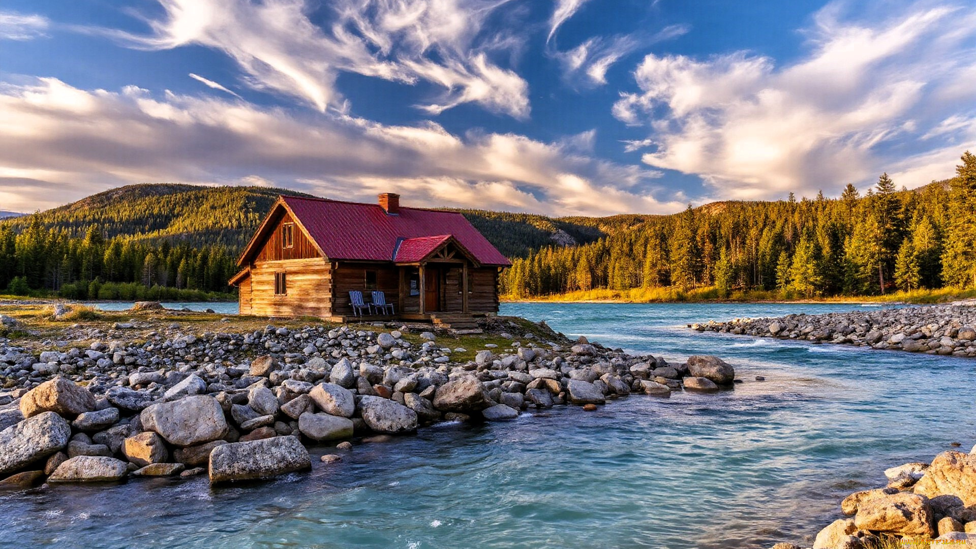 3д, графика, архитектура, , architecture, дом, река, камни, лес, деревья, горы, облака