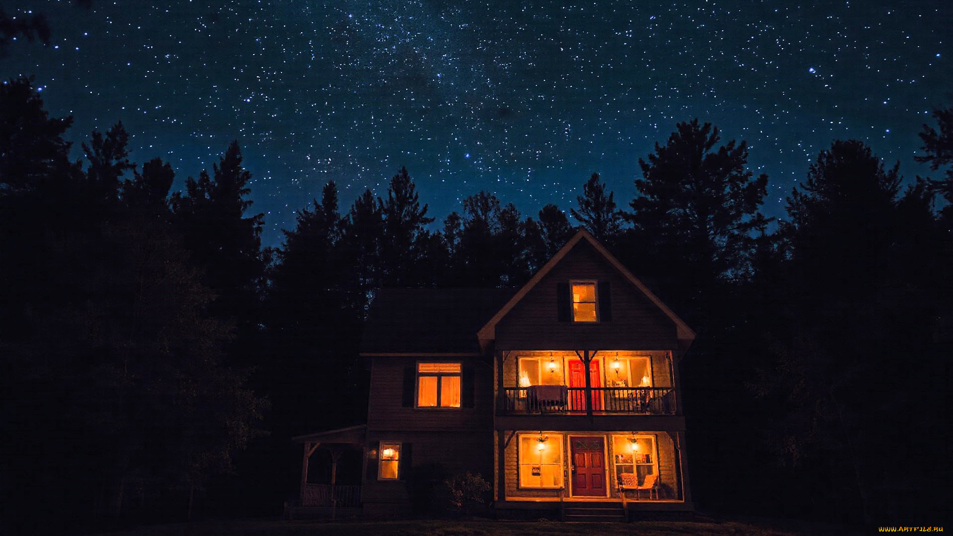 3д, графика, архитектура, , architecture, дом, особняк, деревья, кусты, ночь, звезды, дорожка, свет