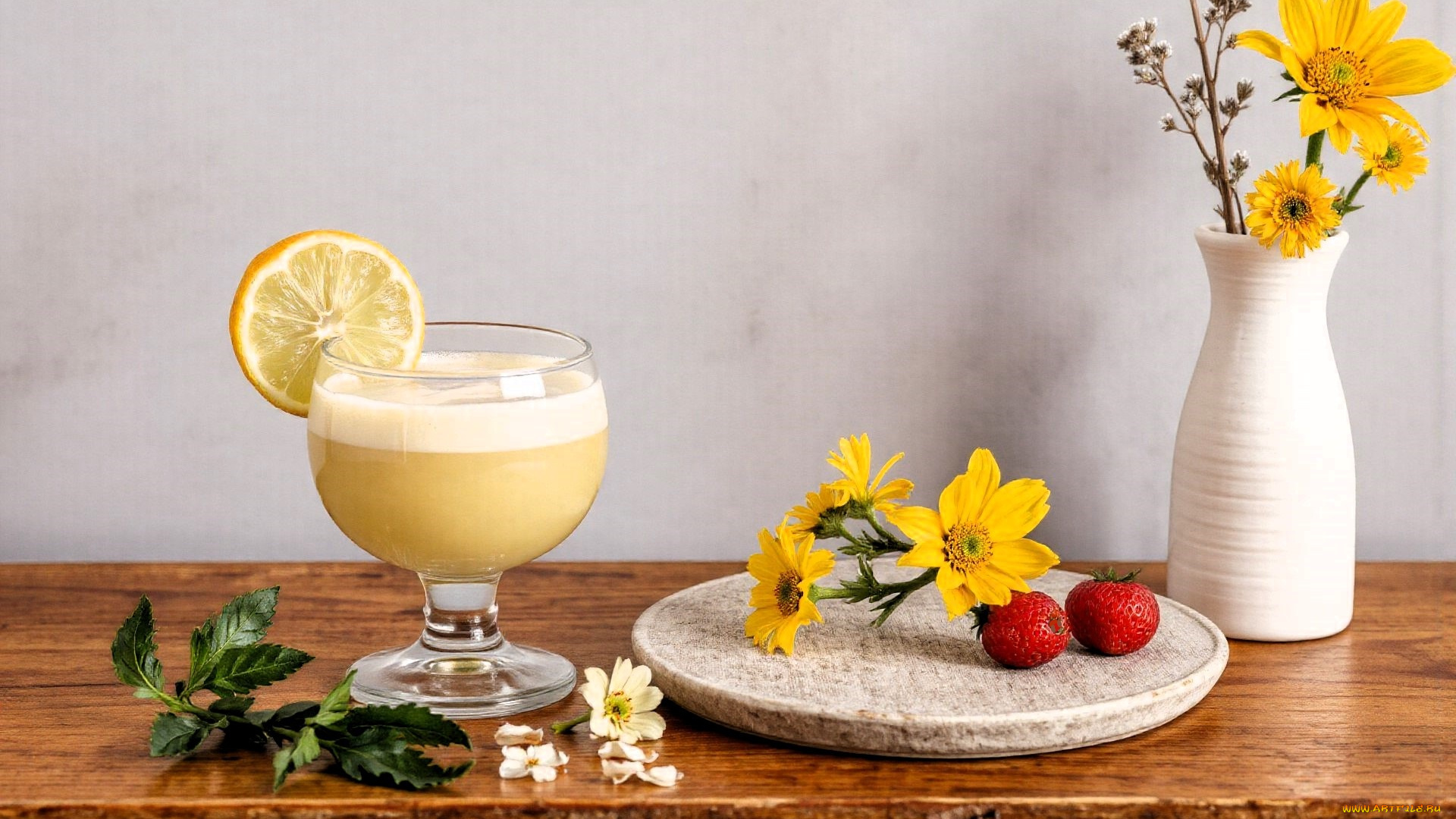 3д, графика, еда-, food, коктейль, лимон, клубника, цветы, ваза