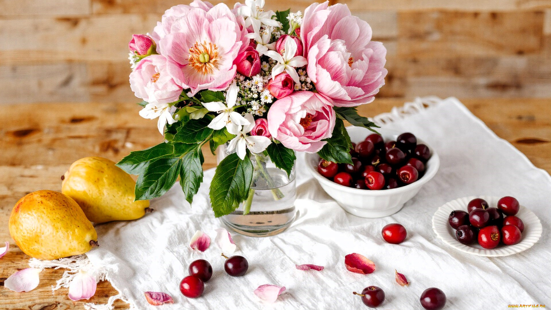 3д, графика, еда-, food, натюрморт, цветы, груши, черешни, салфетка