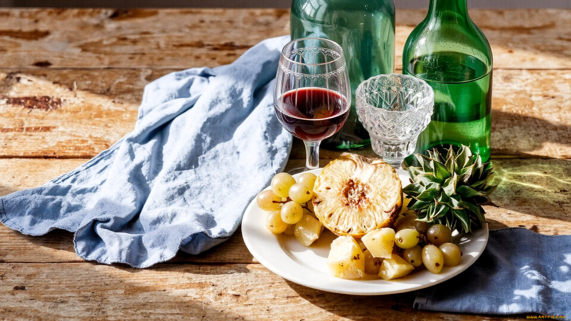 3д, графика, еда-, food, стол, бутылки, бокалы, полотенце, тарелка, фрукты