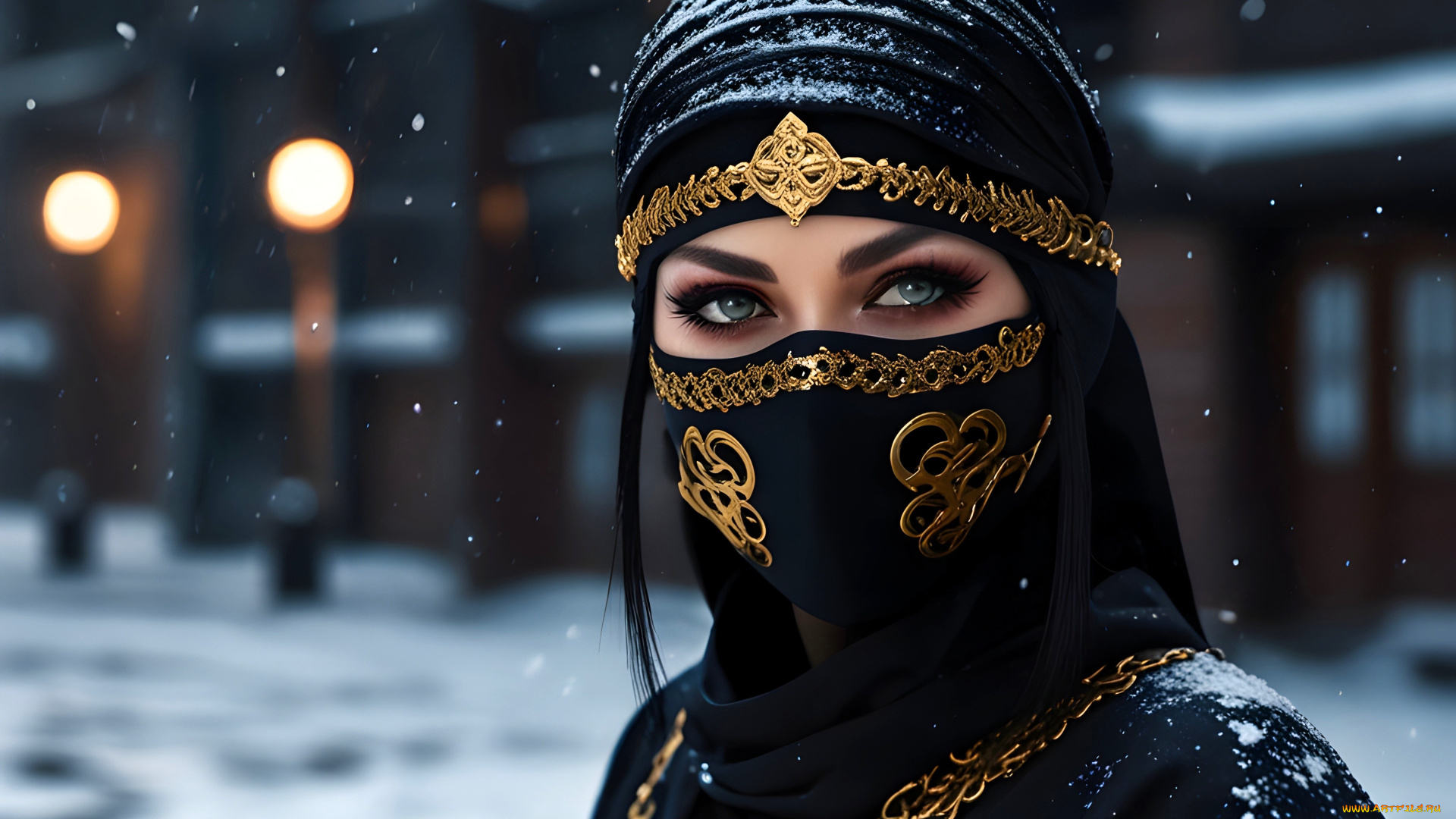 3д, графика, люди, , people, девушка, наряд, глаза, снег, здание, город