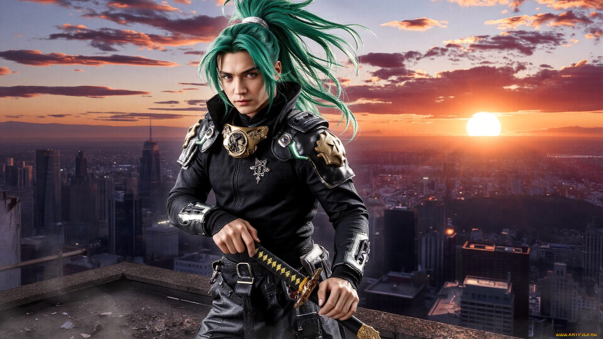 3д, графика, люди, , people, парень, наряд, оружие, крыша, город, панорама, закат