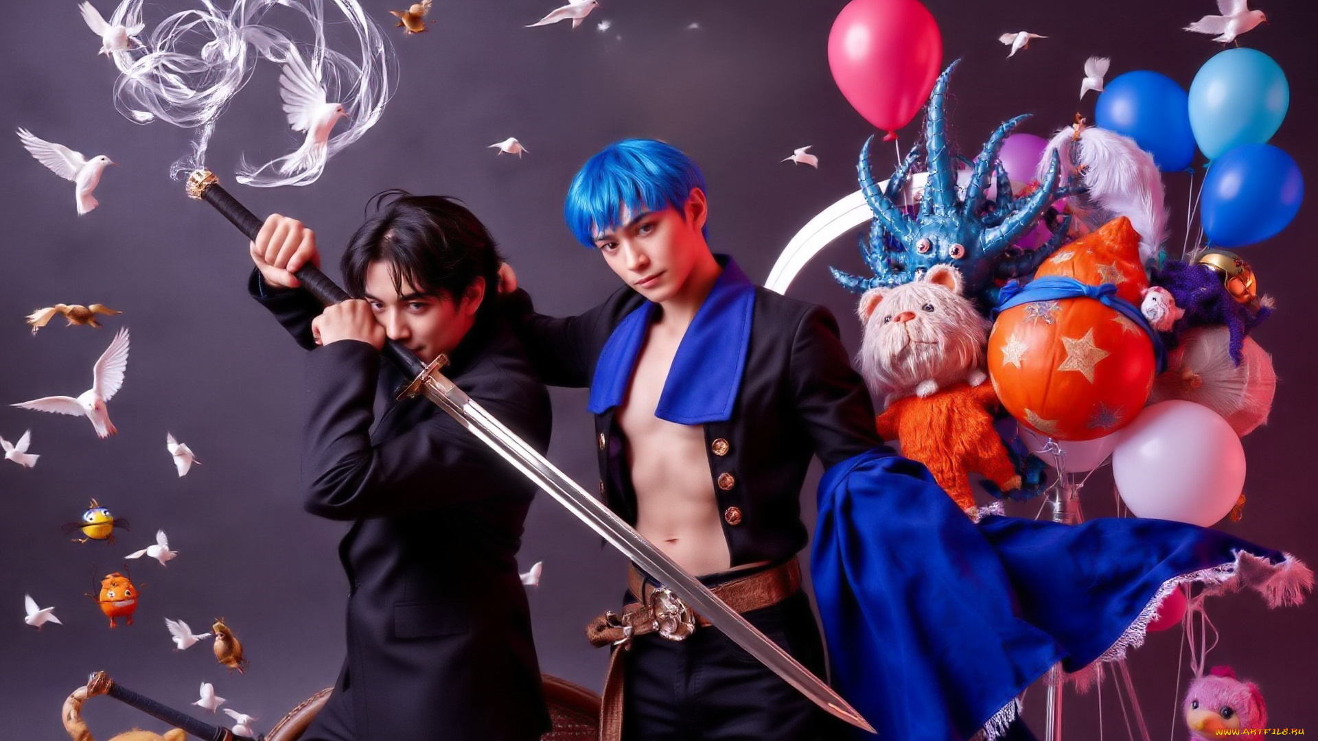 3д, графика, люди, , people, парни, костюмы, меч, голуби, шарики, игрушки