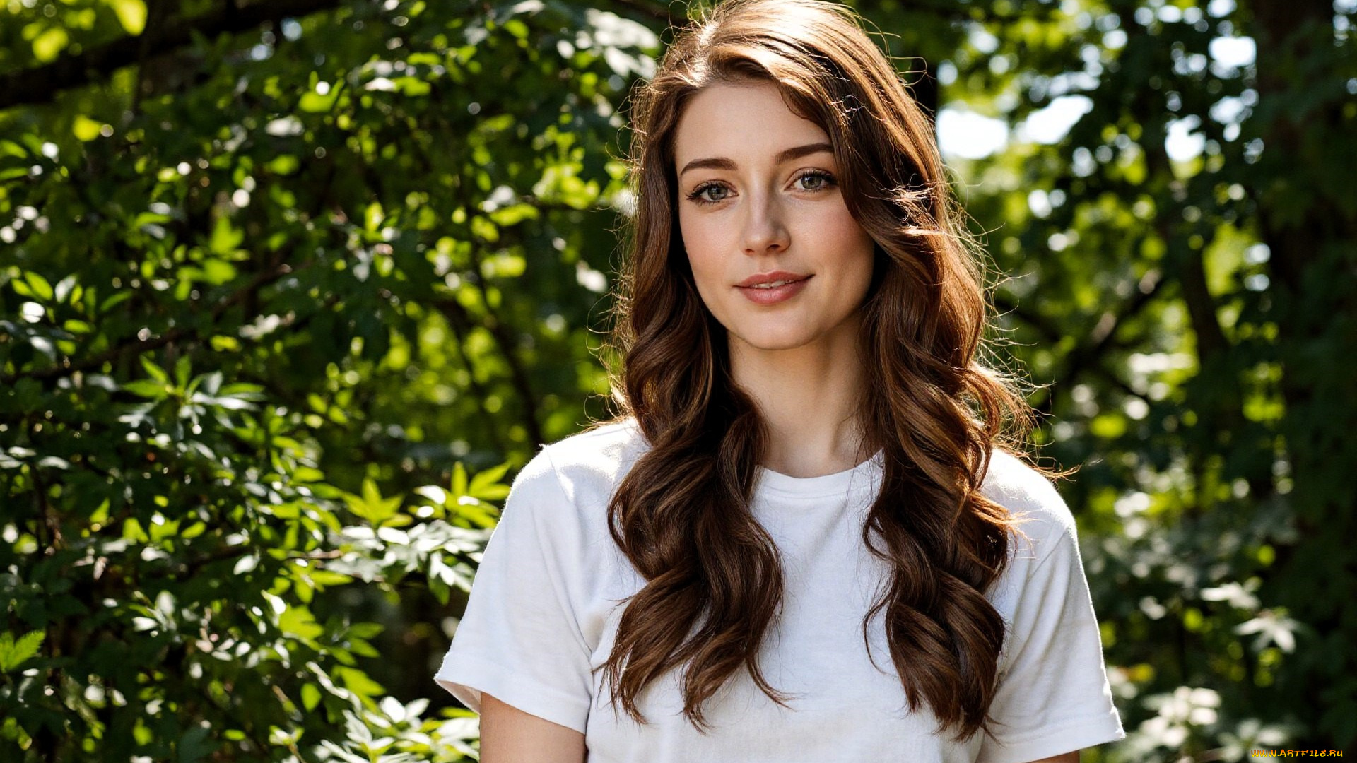 3д, графика, люди, , people, шатенка, футболка, лес, деревья