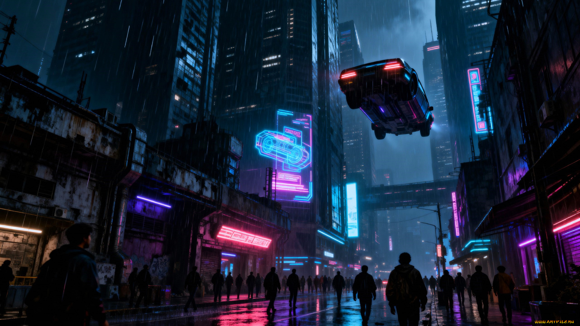 3д, графика, научная, фантастика, , science, fiction, город, киберпанк, неон, улица, лужи, люди