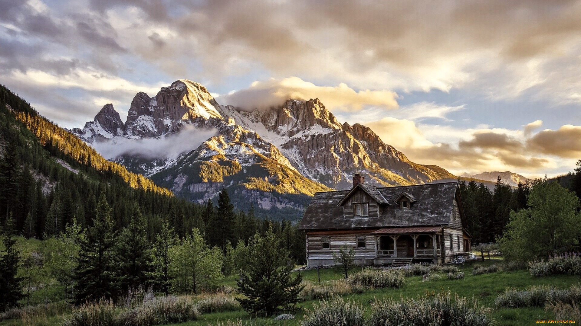 3д, графика, природа, , nature, горы, облака, лес, деревья, дом