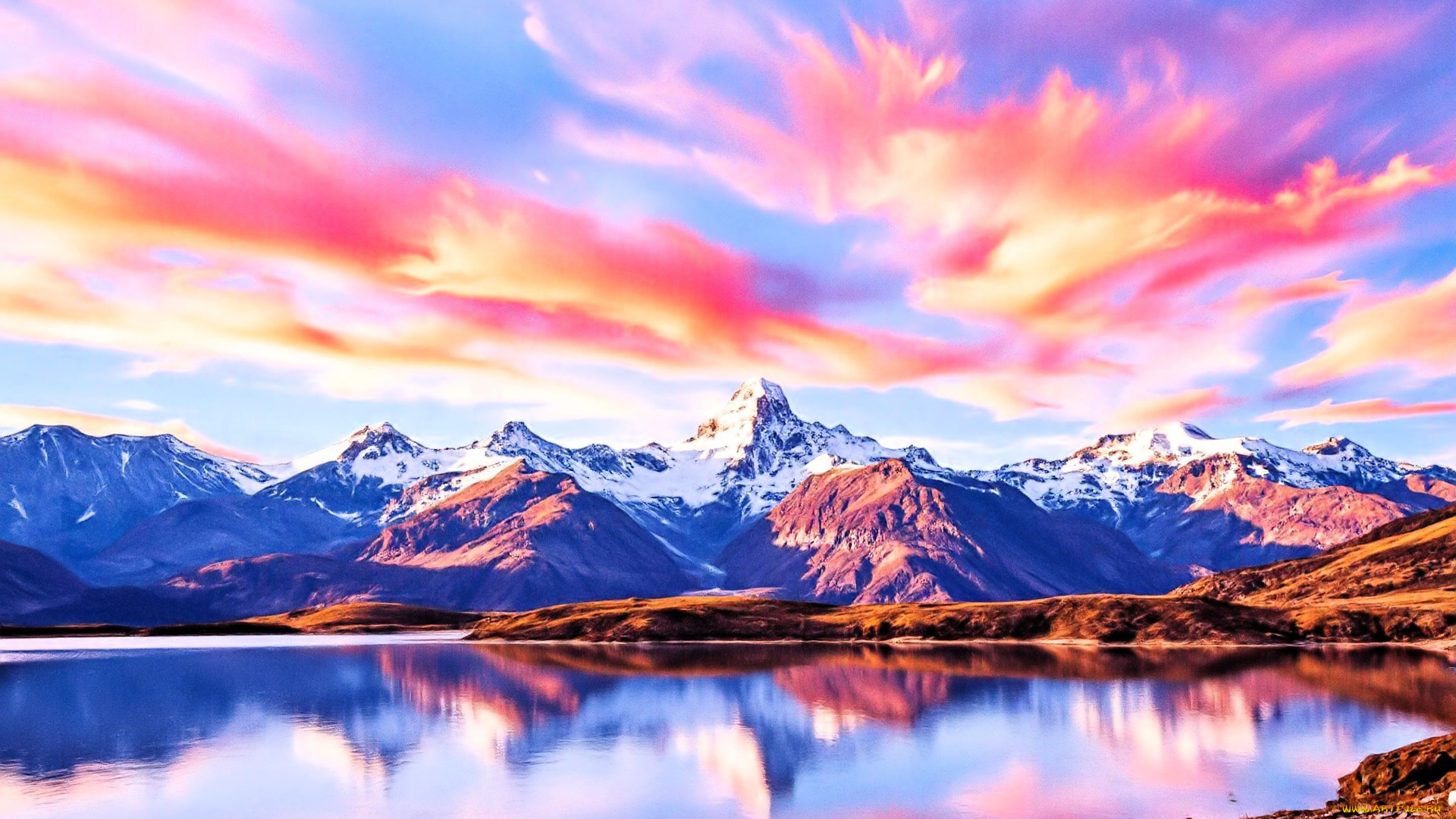 3д, графика, природа, , nature, облака, закат, горы, снег, озеро