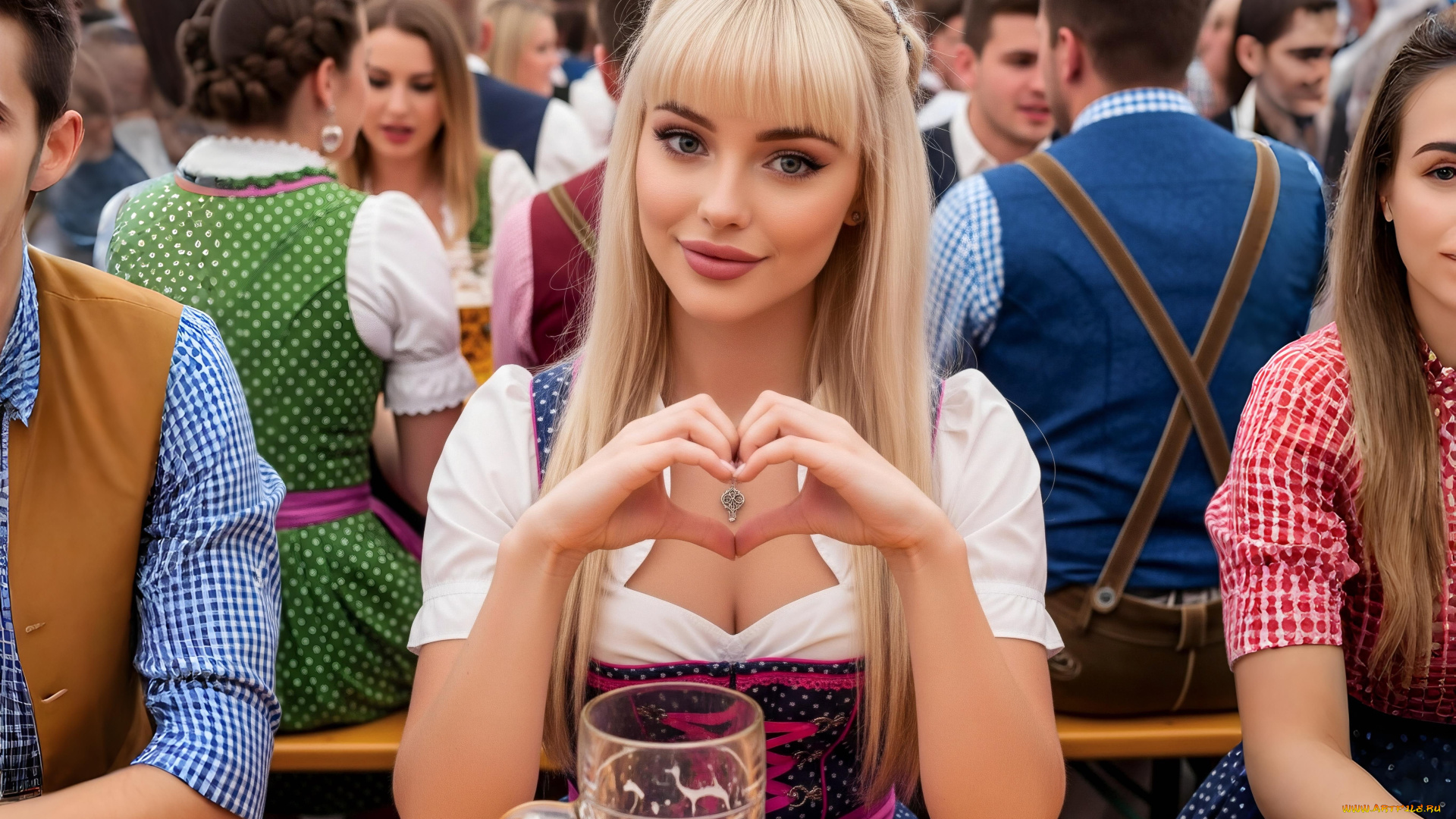 нейросеть, 3д, графика, люди, , people, девушка, блондинка, заколка, макияж, серёжки, цепочка, кулон, платье, ремешок, кружка, пиво, люди, отдых, праздник, актоберфест, германия