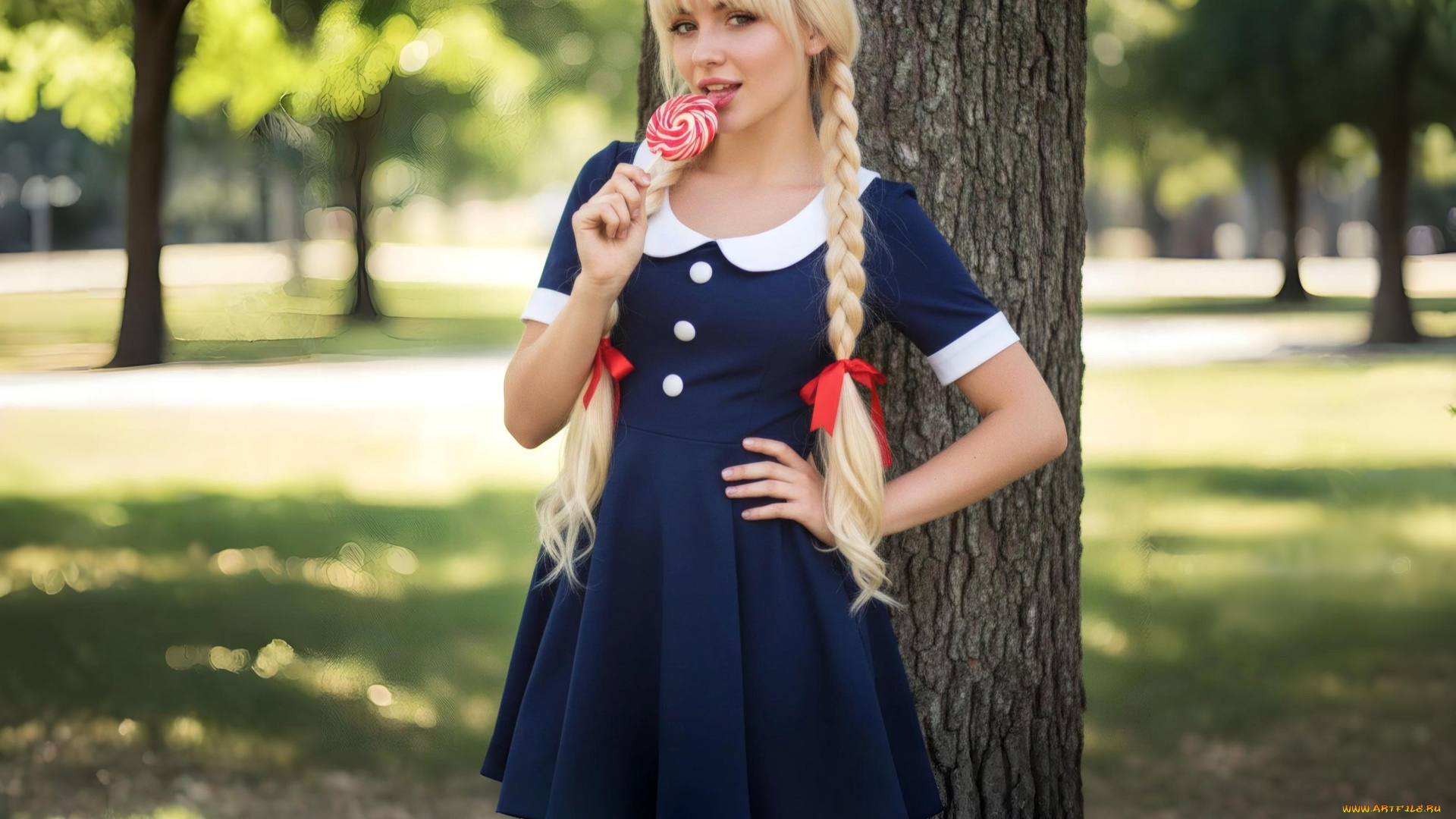 нейросеть, 3д, графика, люди, , people, девушка, блондинка, немка, макияж, бантики, причёска, леденец, палочка, мини, платье, боке, природа, парк