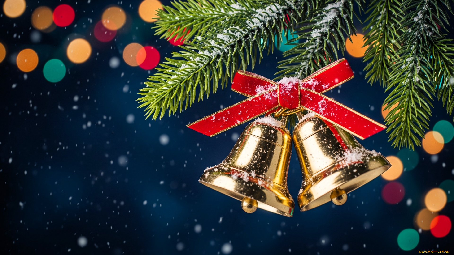 праздничные, колокольчики, ветка, ёлка, снег, блики
