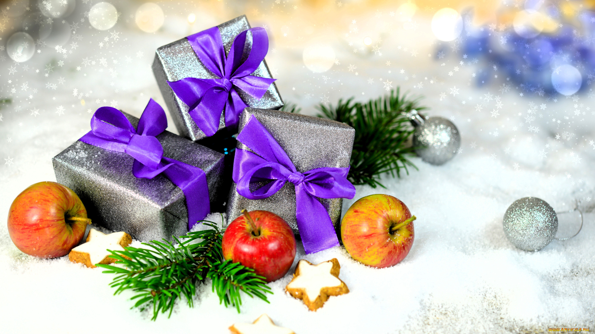 праздничные, подарки, и, коробочки, коробки, подарки, ленты, снег, яблоки, ёлка, хвоя, шарики