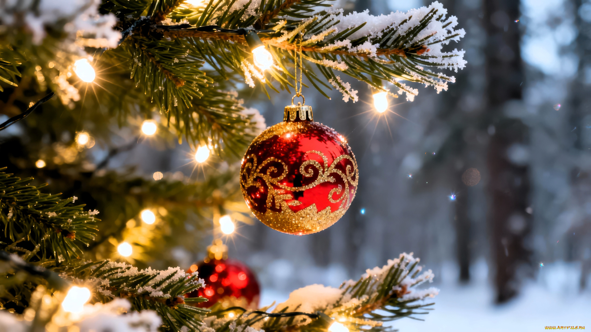 праздничные, шары, лес, снег, зима, ёлка, гирлянда, украшения, шарики