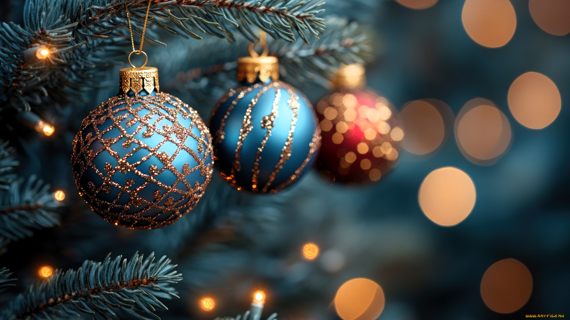 праздничные, шары, ёлка, ветки, шарики, блики