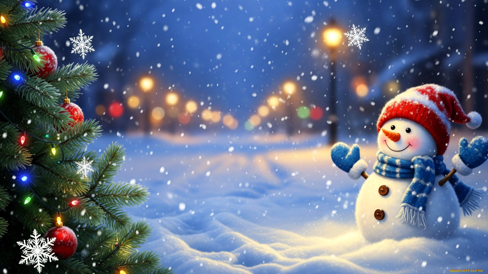 праздничные, снеговики, снеговик, ёлка, снежинки, снег, фонари