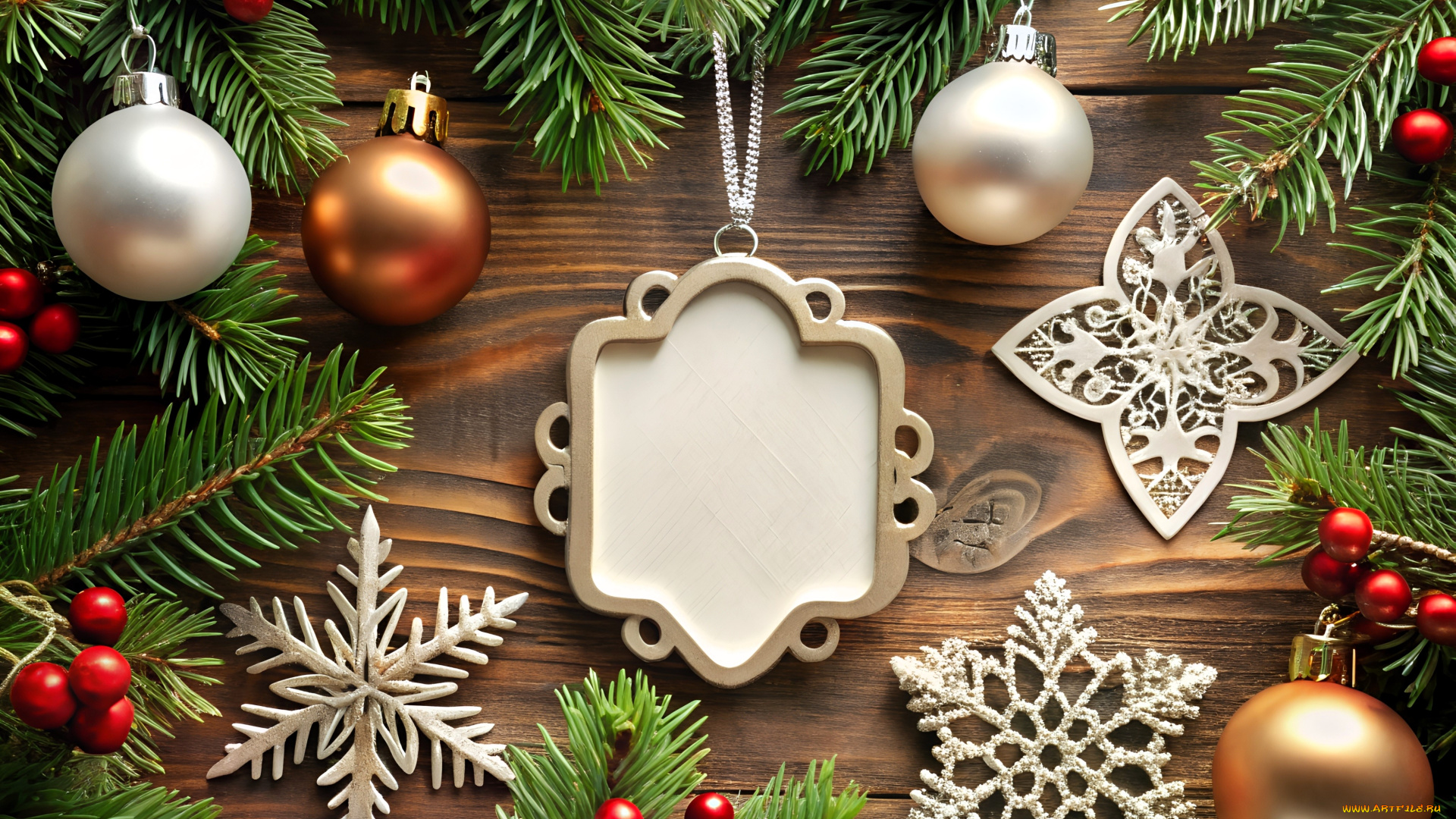 праздничные, украшения, ёлка, ветки, ягоды, шарики, снежинки, медальон