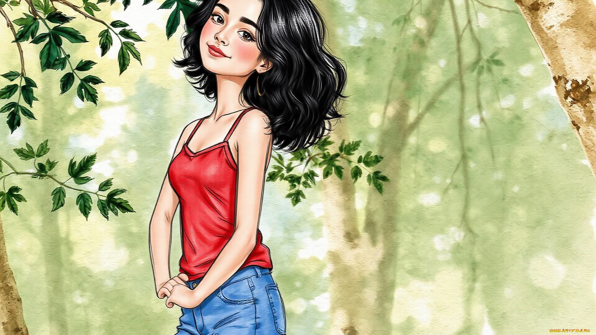 рисованное, люди, девушка, брюнетка, майка, джинсы, лес