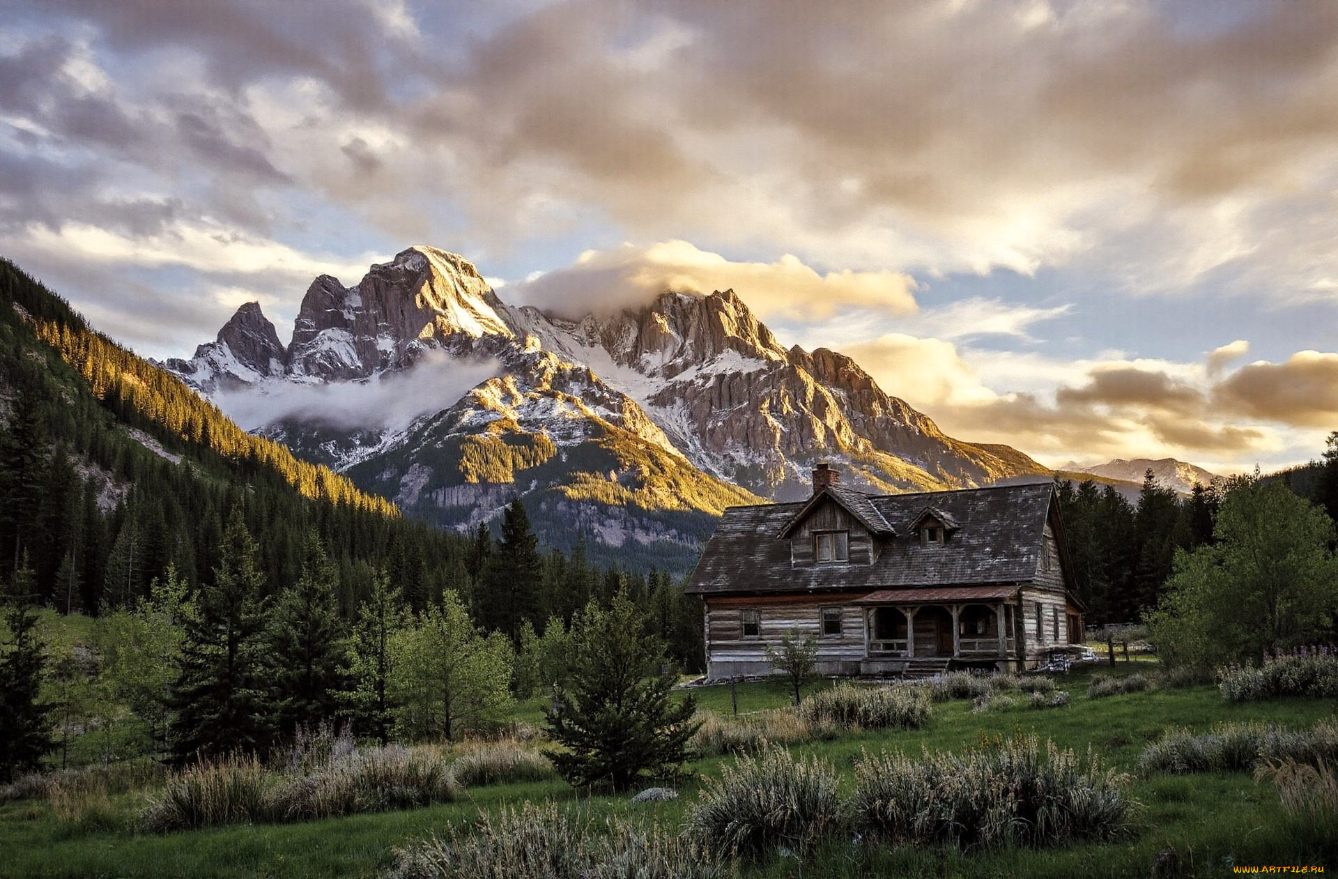 3д, графика, природа, , nature, горы, облака, лес, деревья, дом