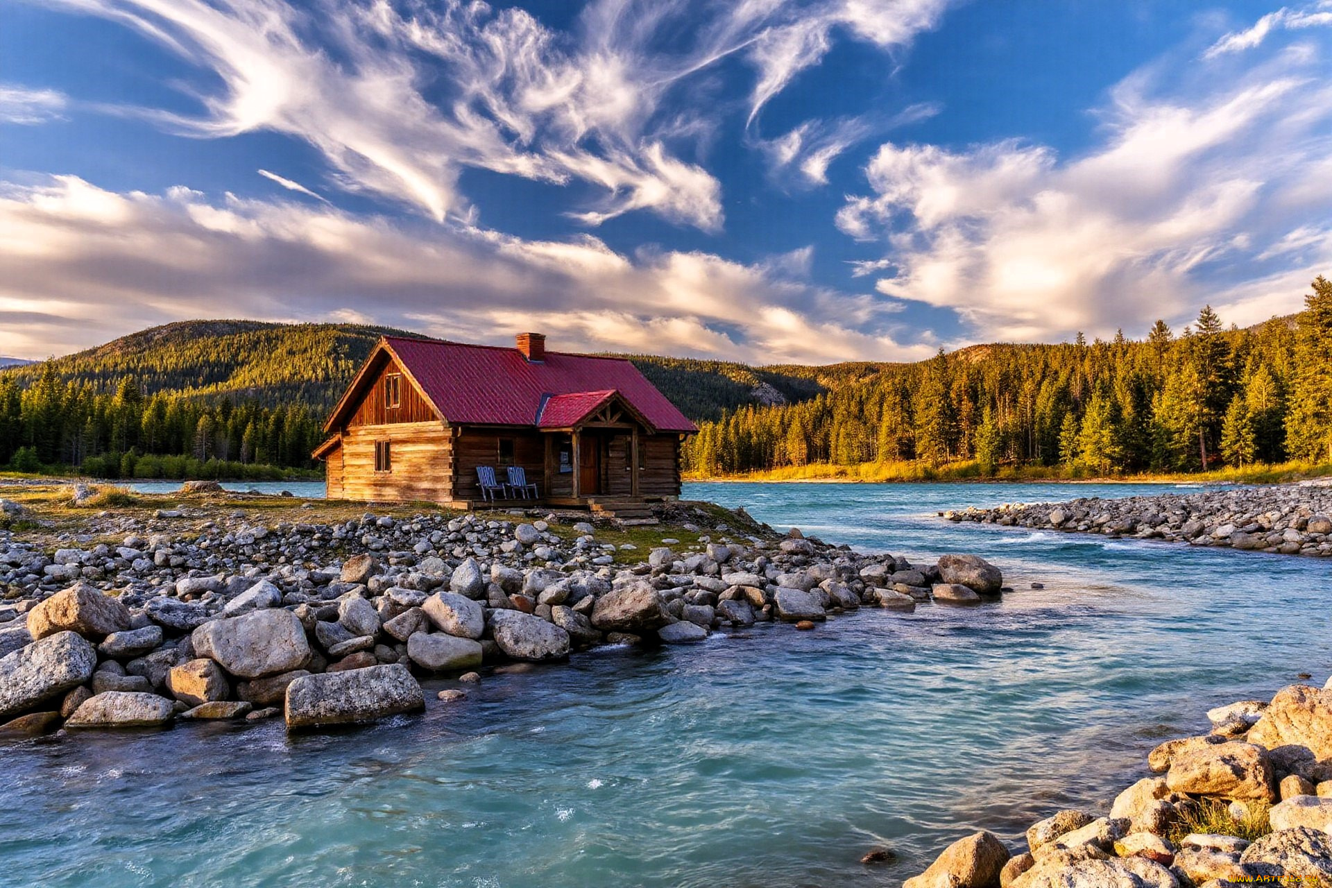 3д, графика, архитектура, , architecture, дом, река, камни, лес, деревья, горы, облака