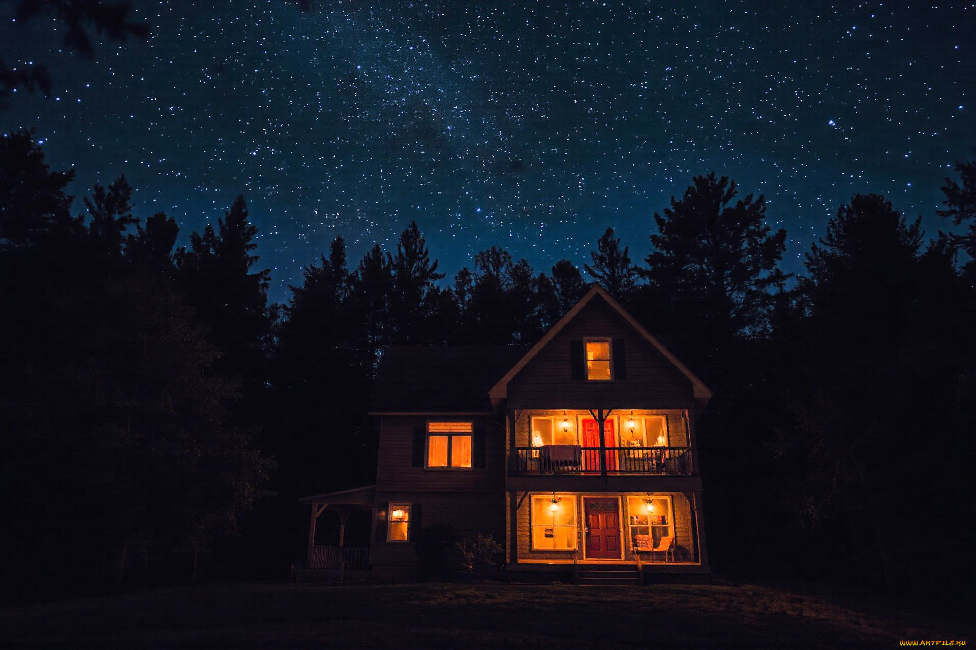 3д, графика, архитектура, , architecture, дом, особняк, деревья, кусты, ночь, звезды, дорожка, свет