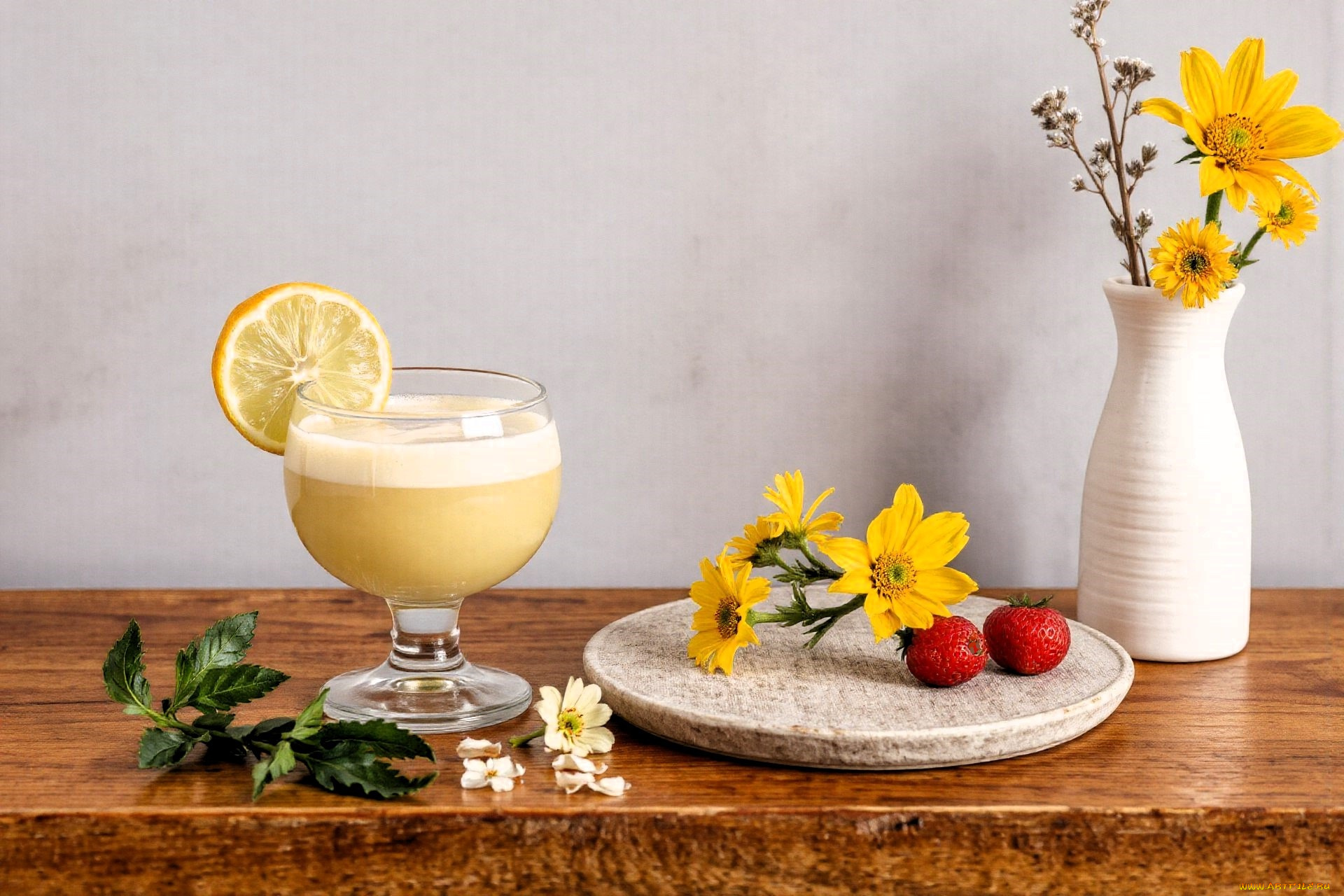 3д, графика, еда-, food, коктейль, лимон, клубника, цветы, ваза