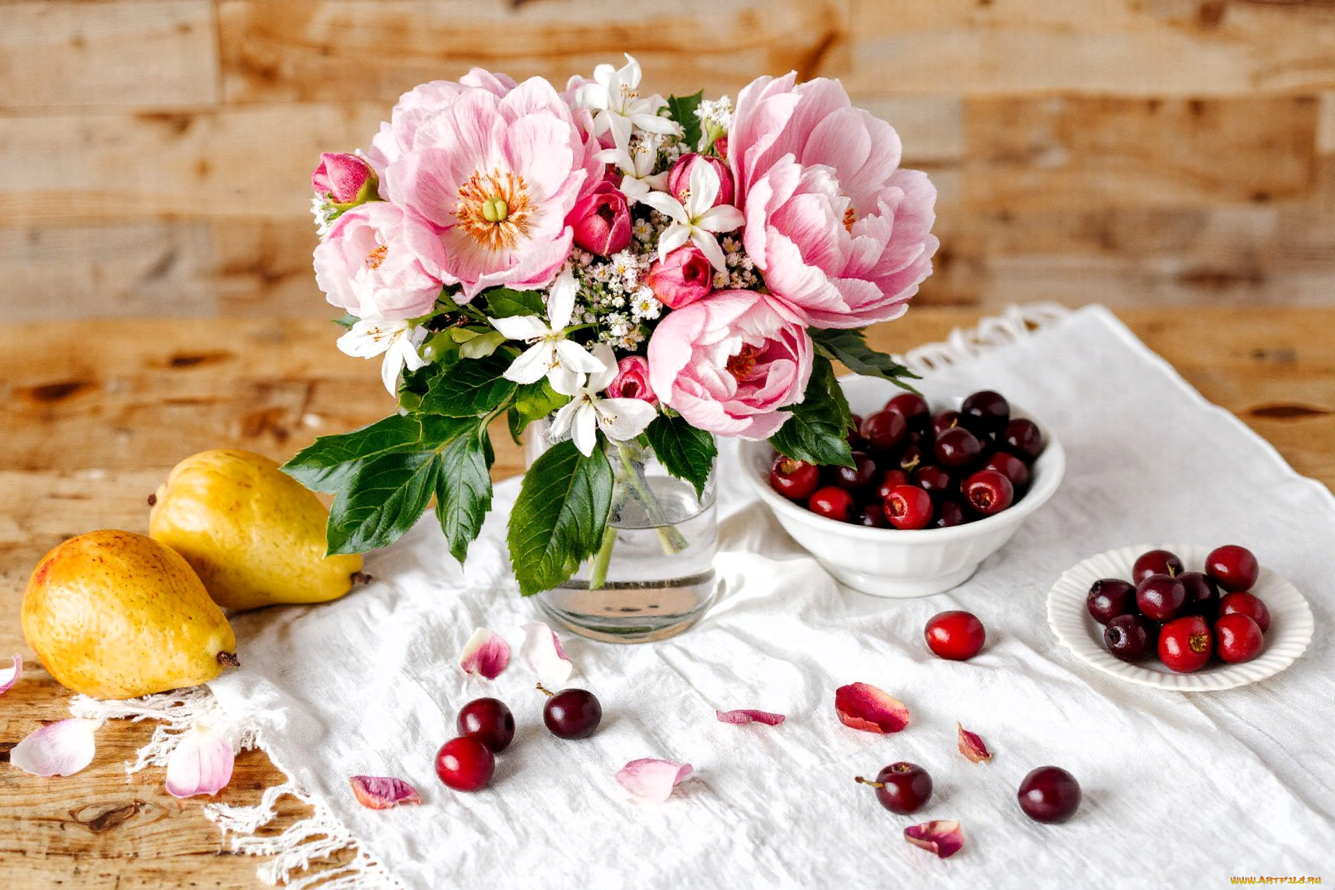 3д, графика, еда-, food, натюрморт, цветы, груши, черешни, салфетка