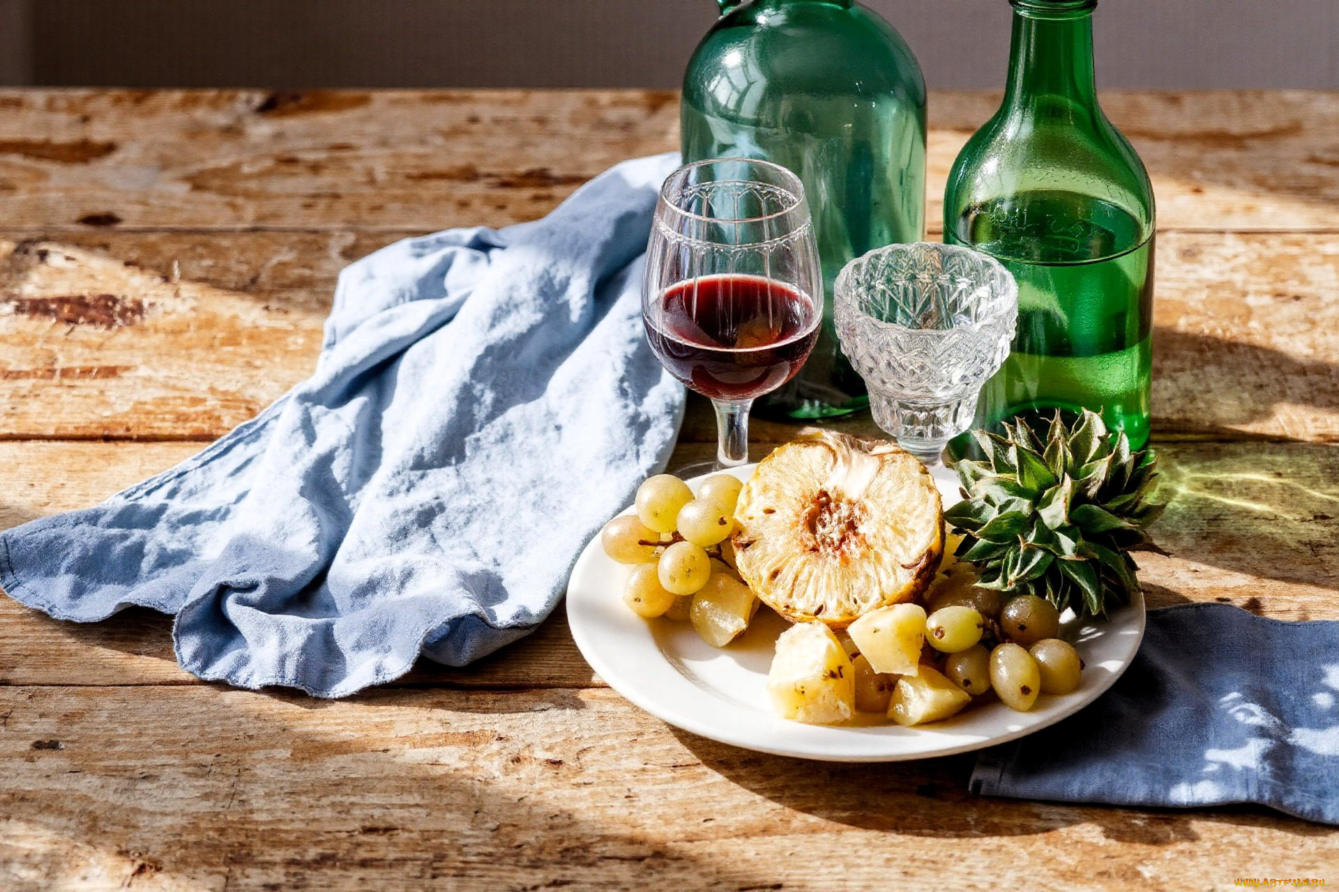 3д, графика, еда-, food, стол, бутылки, бокалы, полотенце, тарелка, фрукты