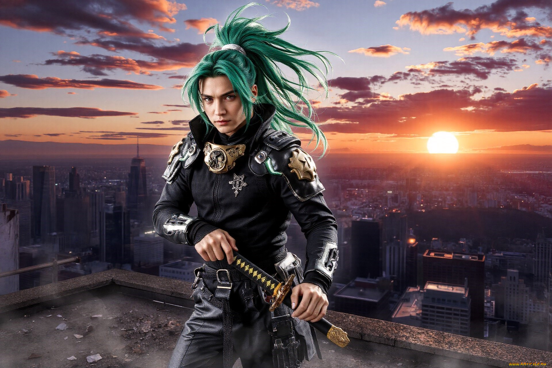 3д, графика, люди, , people, парень, наряд, оружие, крыша, город, панорама, закат