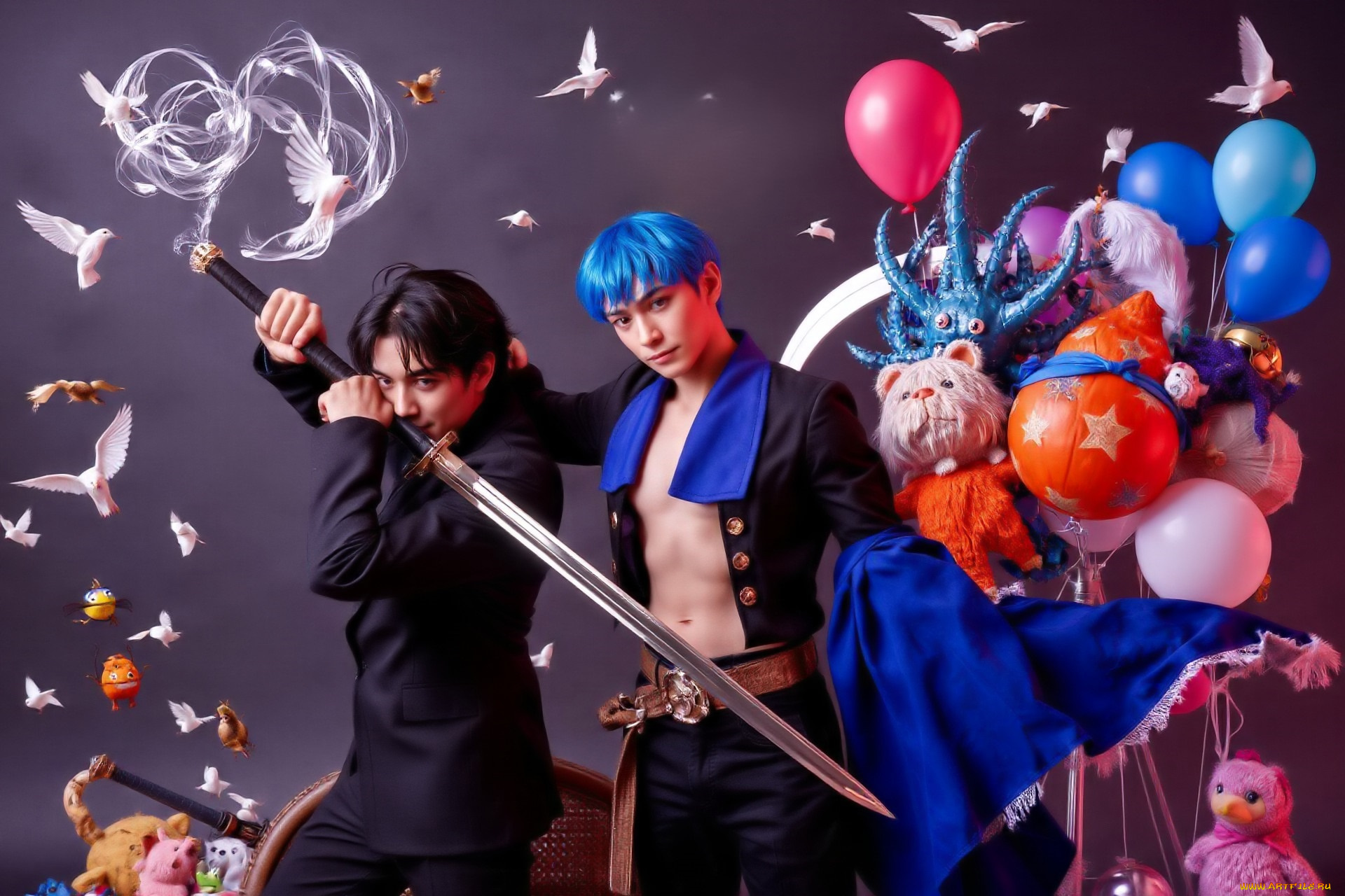 3д, графика, люди, , people, парни, костюмы, меч, голуби, шарики, игрушки