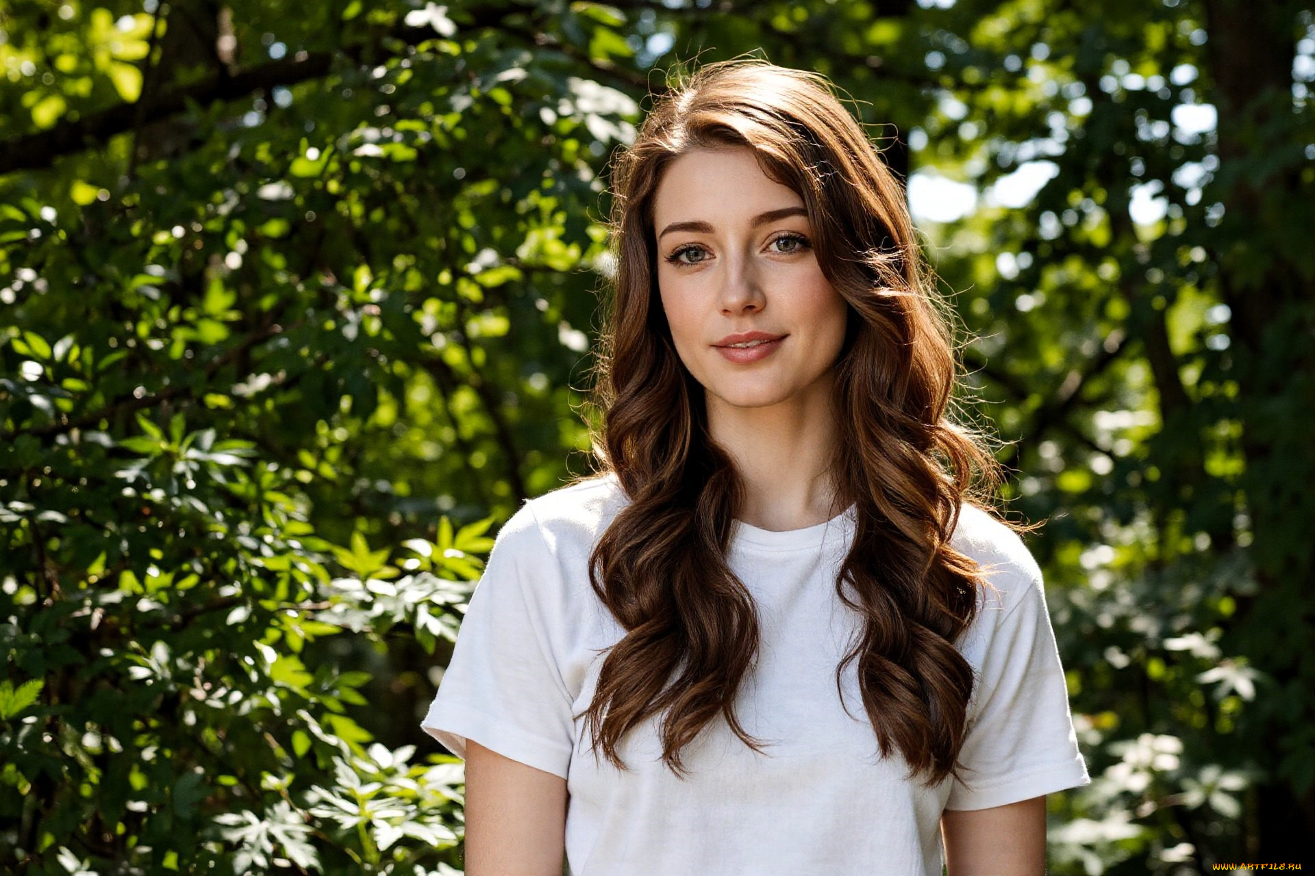 3д, графика, люди, , people, шатенка, футболка, лес, деревья