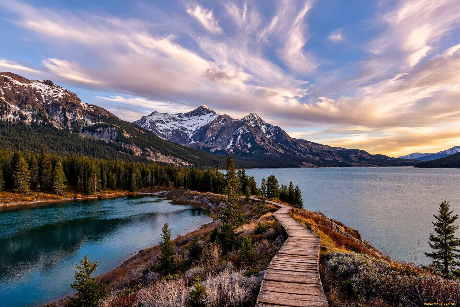 3д, графика, природа, , nature, горы, облака, лес, деревья, озера, дорожка