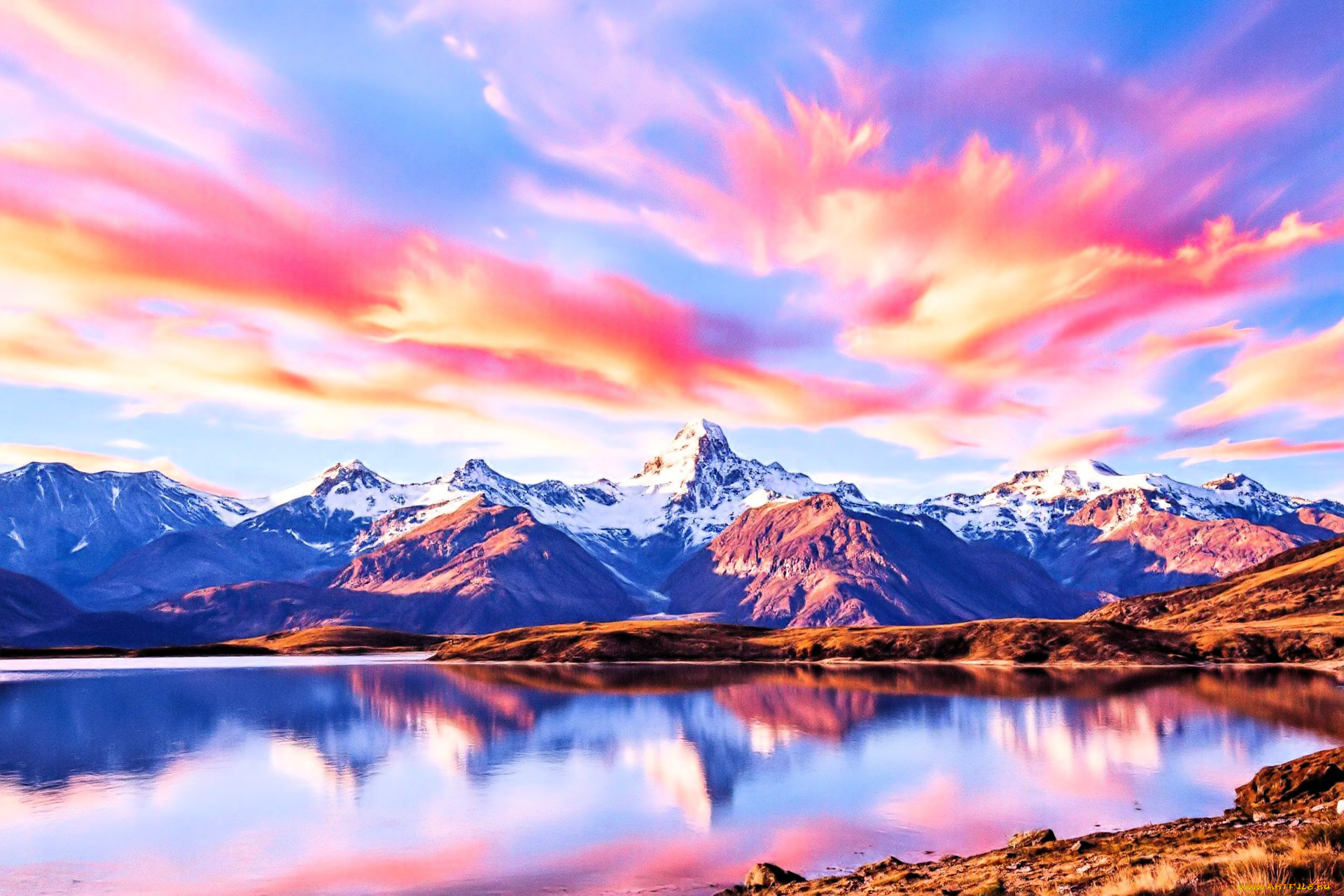 3д, графика, природа, , nature, облака, закат, горы, снег, озеро