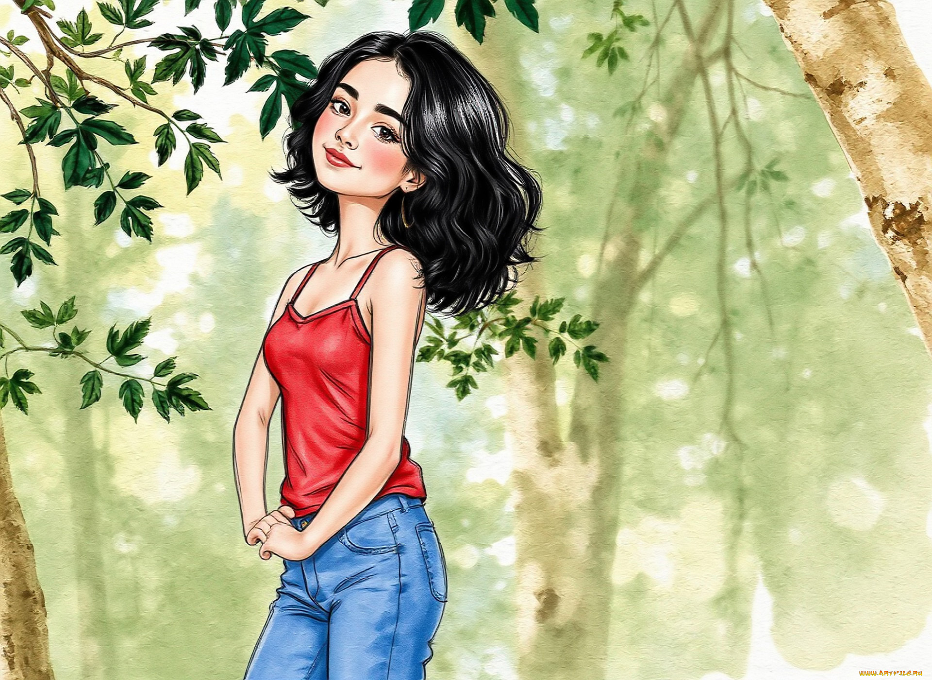 рисованное, люди, девушка, брюнетка, майка, джинсы, лес