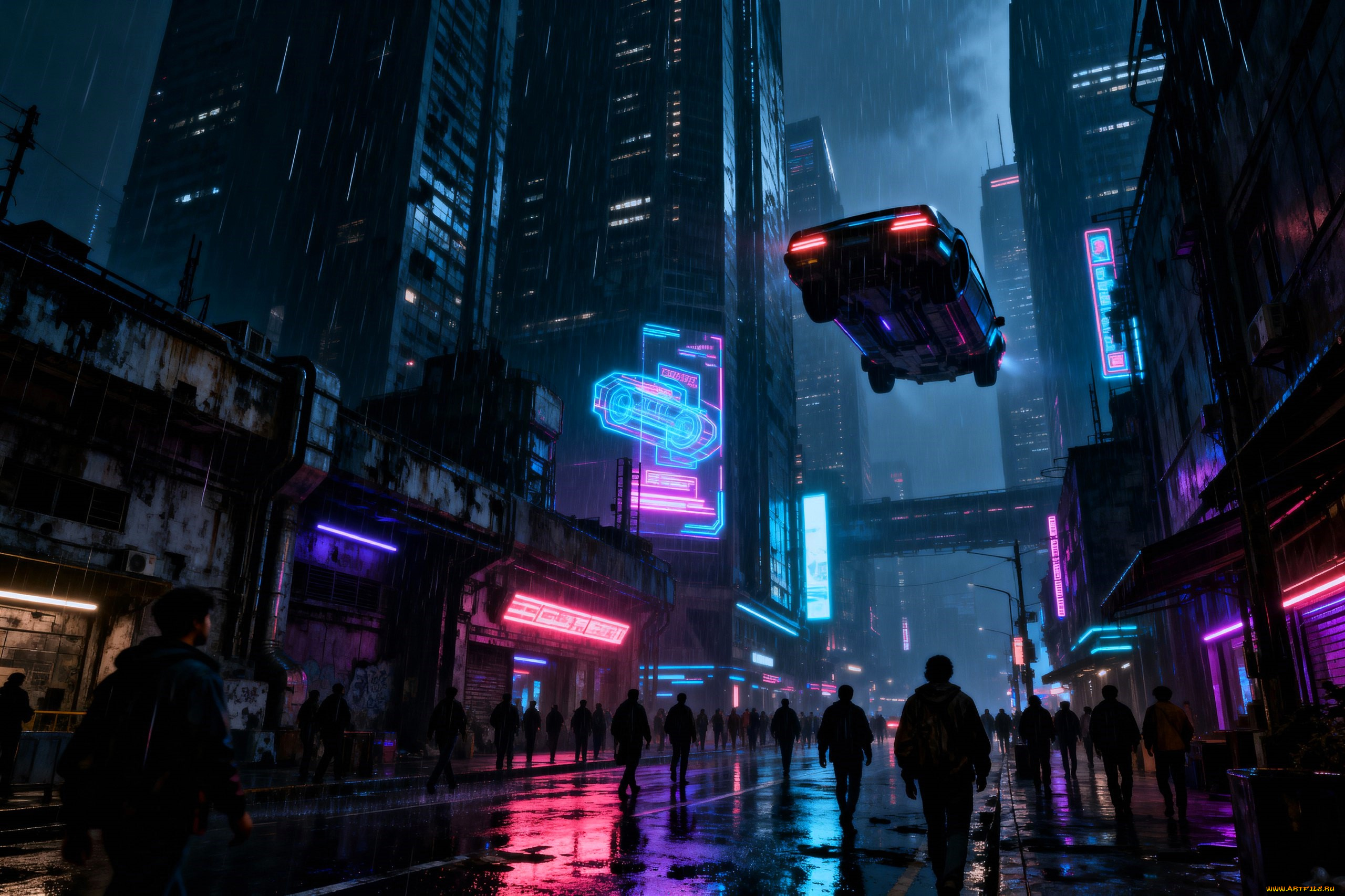 3д, графика, научная, фантастика, , science, fiction, город, киберпанк, неон, улица, лужи, люди