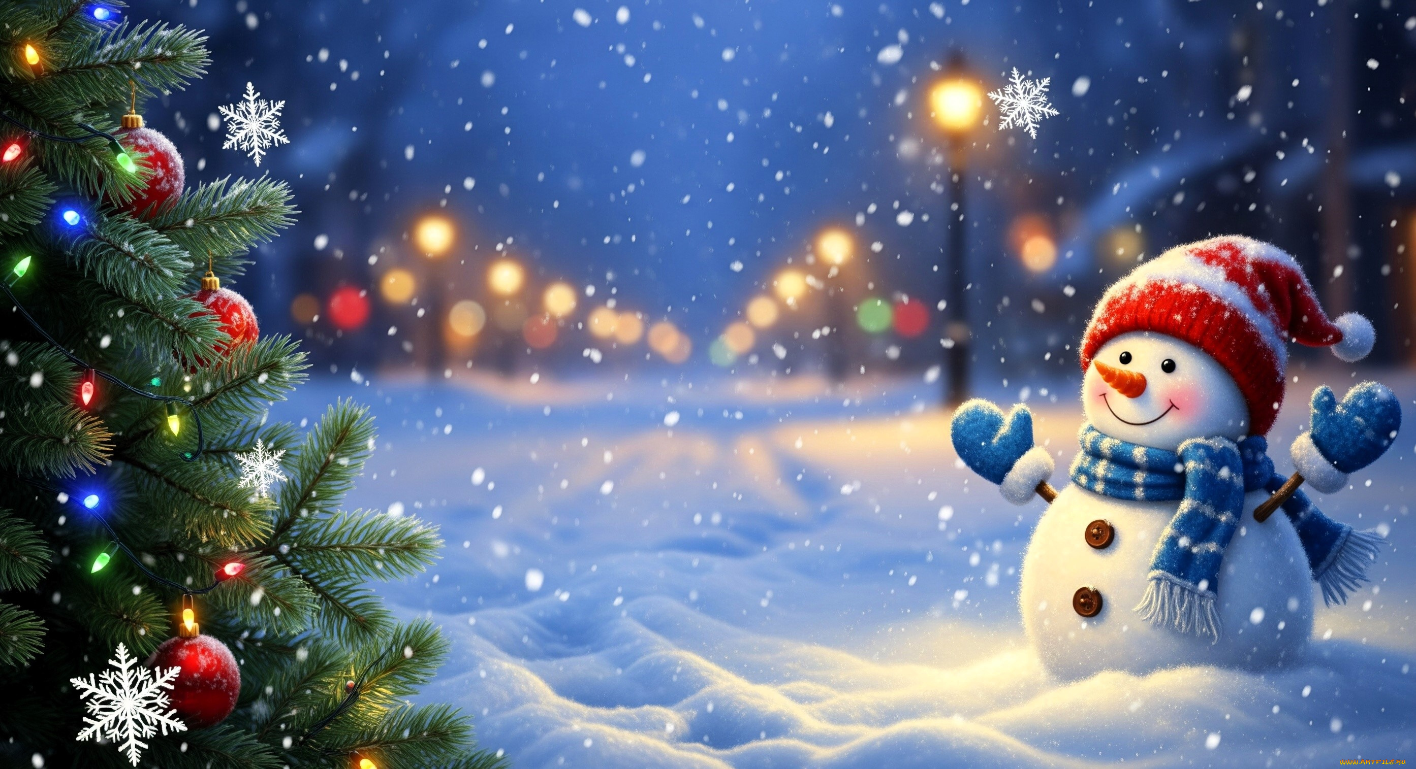 праздничные, снеговики, снеговик, ёлка, снежинки, снег, фонари