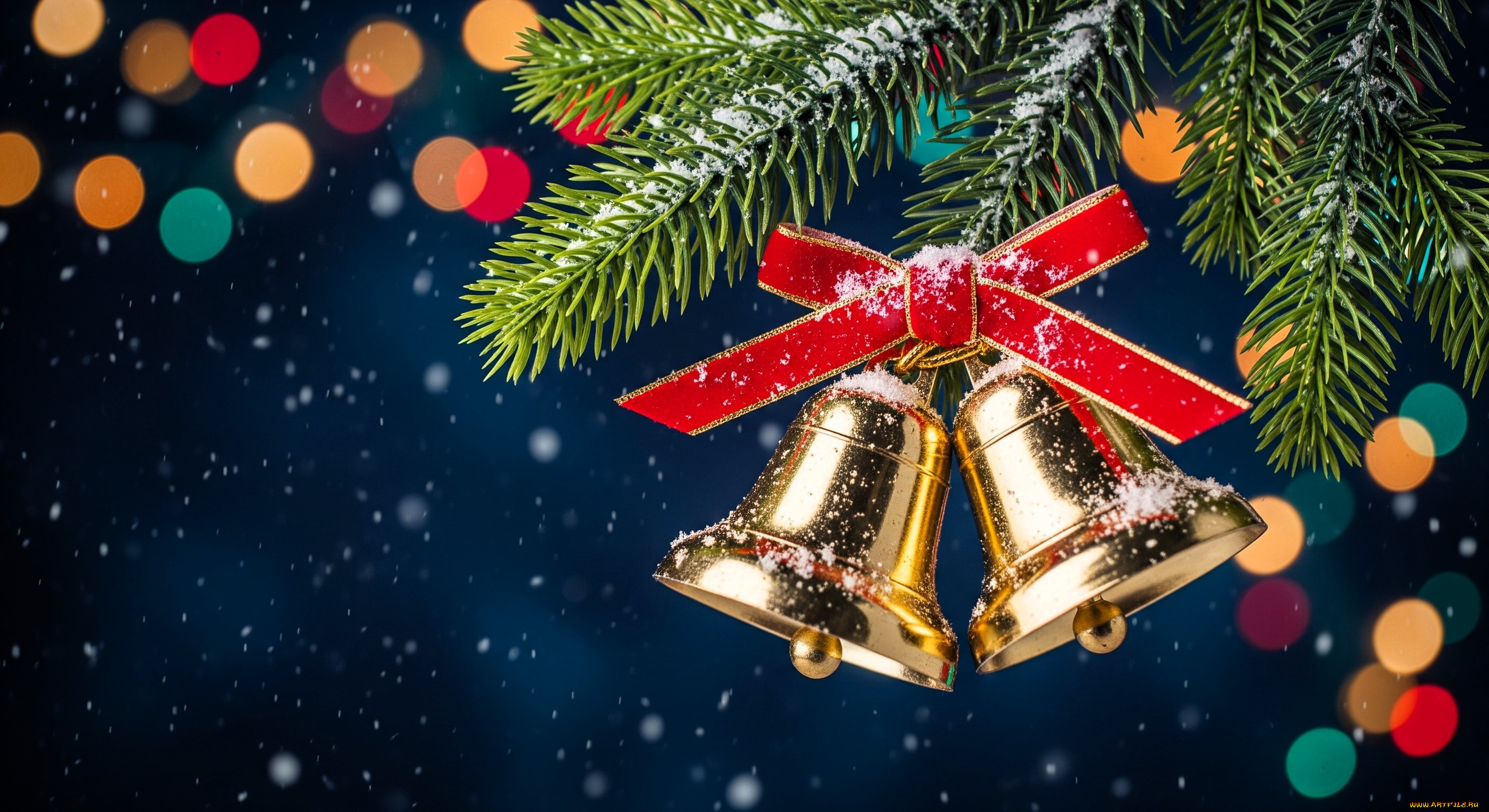 праздничные, колокольчики, ветка, ёлка, снег, блики