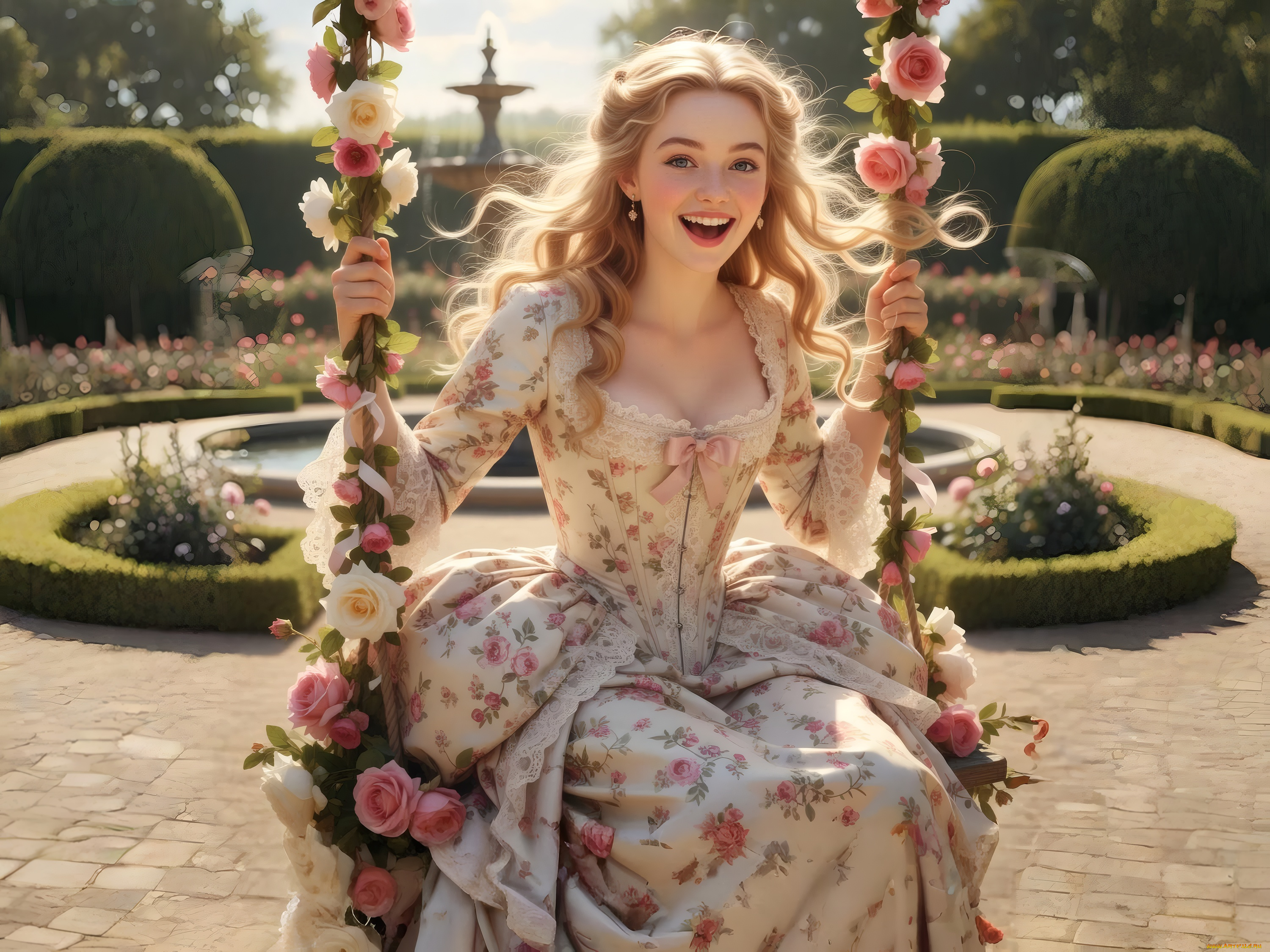 нейросеть, 3д, графика, люди, , people, девушка, блондинка, макияж, улыбка, серёжки, бантик, платье, цветы, розы, качель, боке, парк