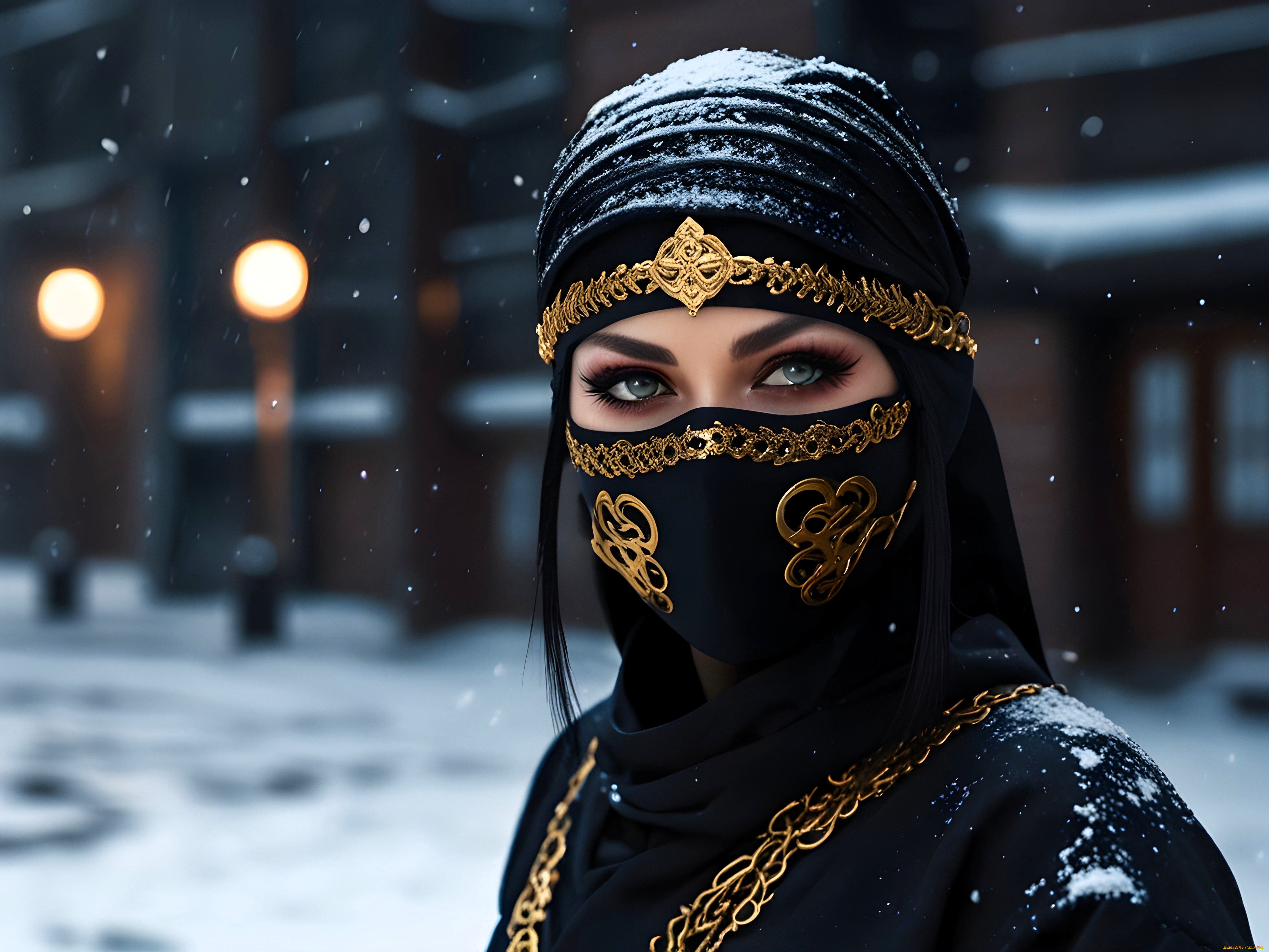 3д, графика, люди, , people, девушка, наряд, глаза, снег, здание, город