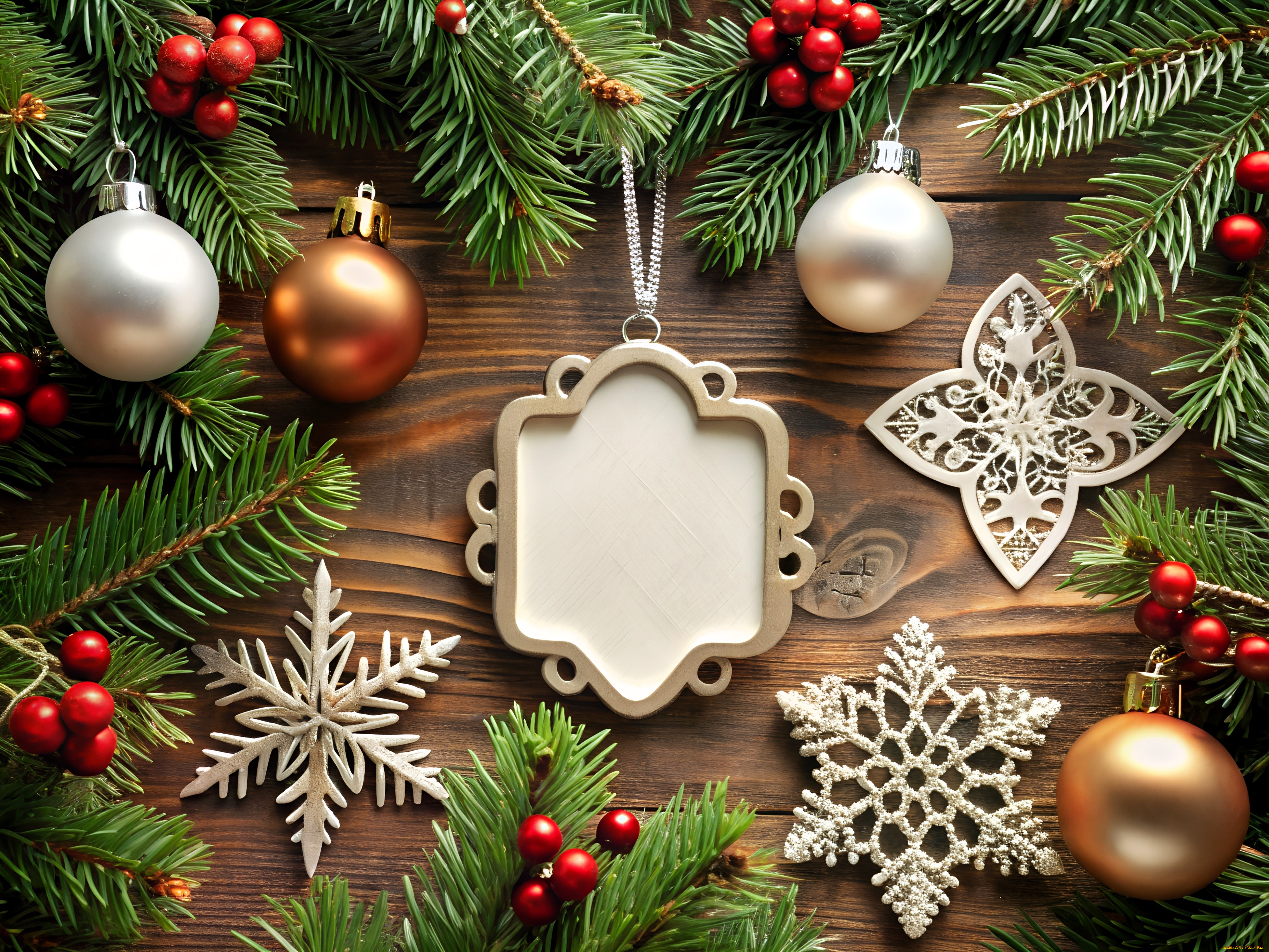 праздничные, украшения, ёлка, ветки, ягоды, шарики, снежинки, медальон