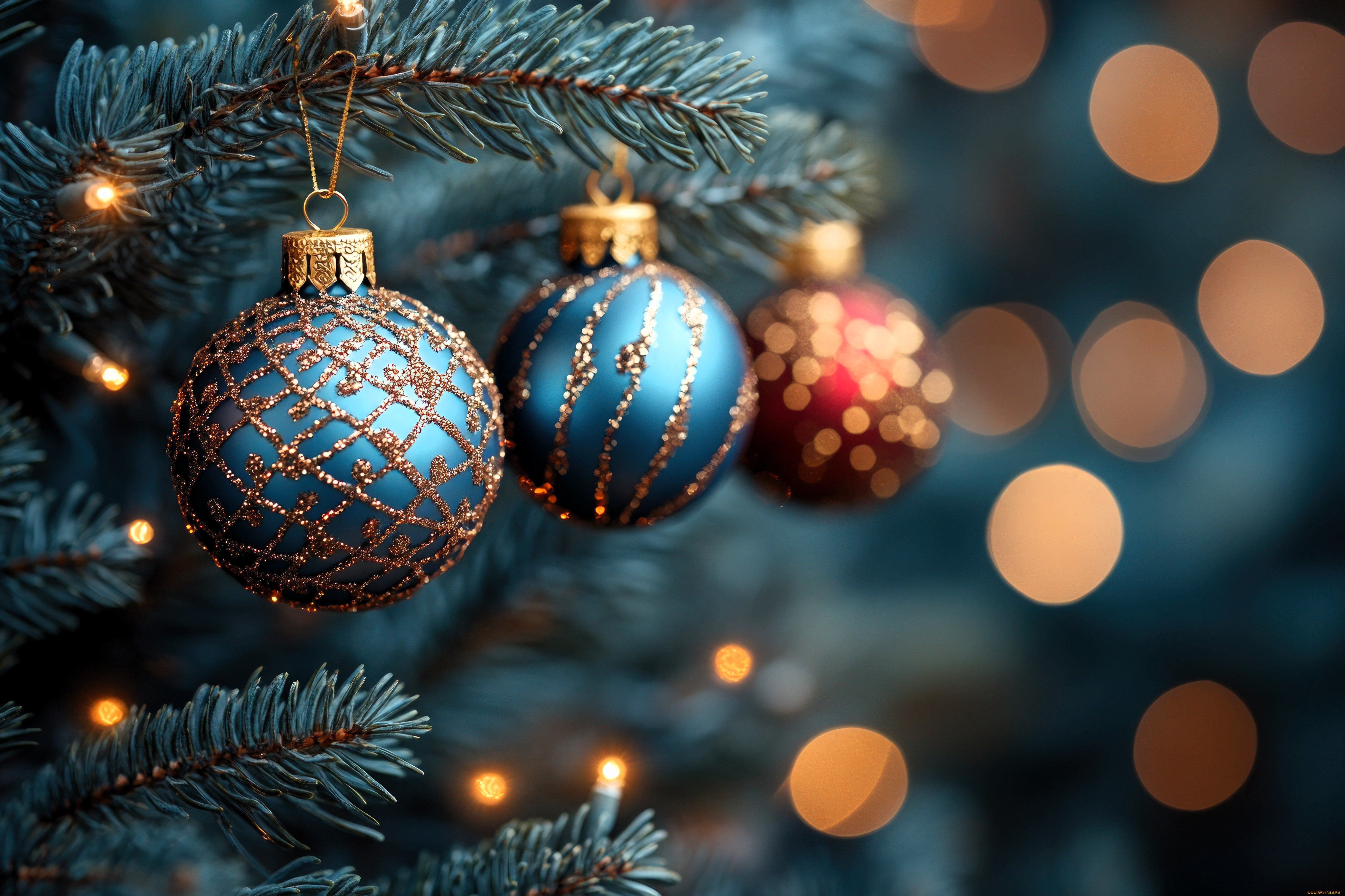 праздничные, шары, ёлка, ветки, шарики, блики