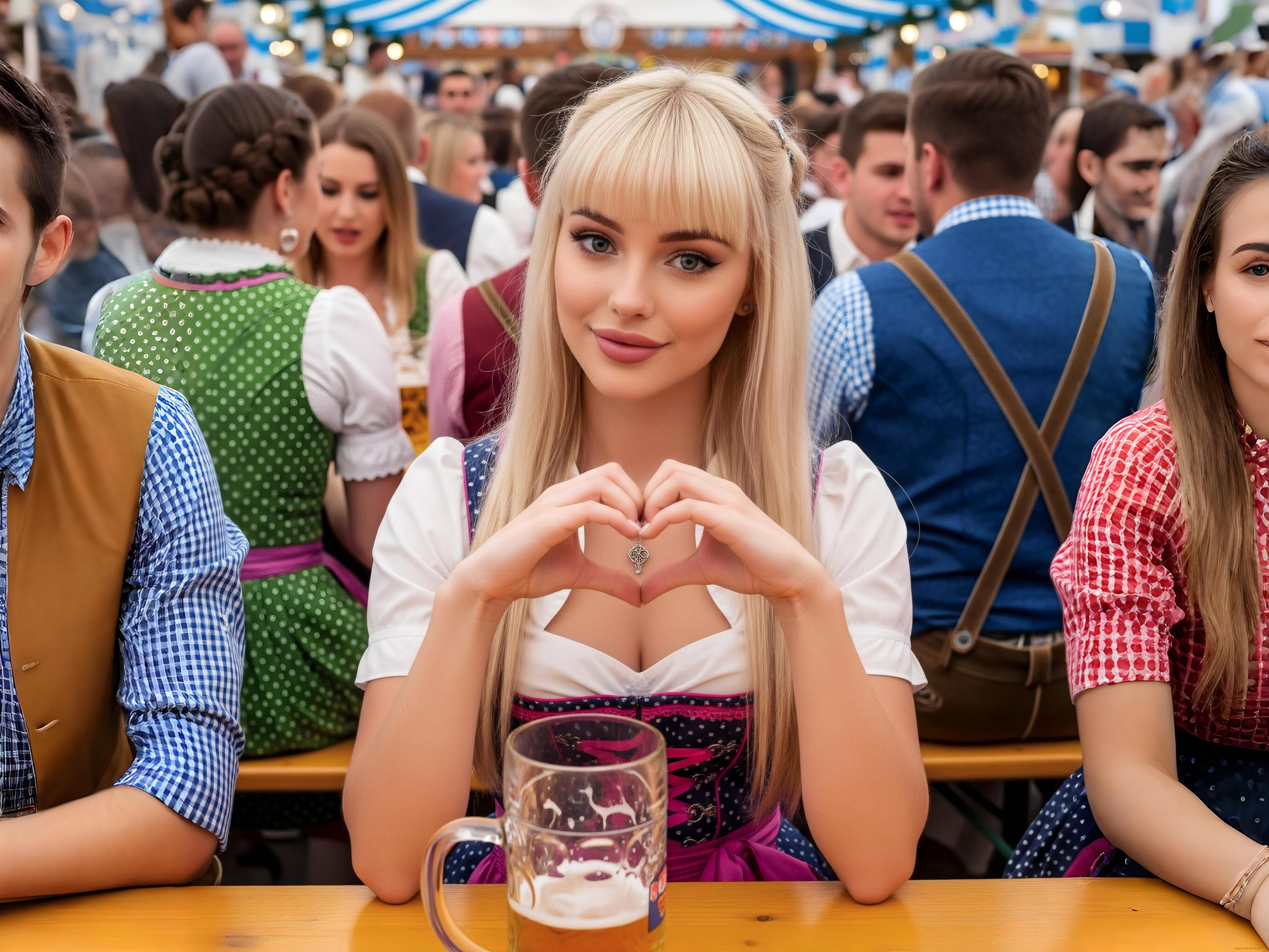 нейросеть, 3д, графика, люди, , people, девушка, блондинка, заколка, макияж, серёжки, цепочка, кулон, платье, ремешок, кружка, пиво, люди, отдых, праздник, актоберфест, германия