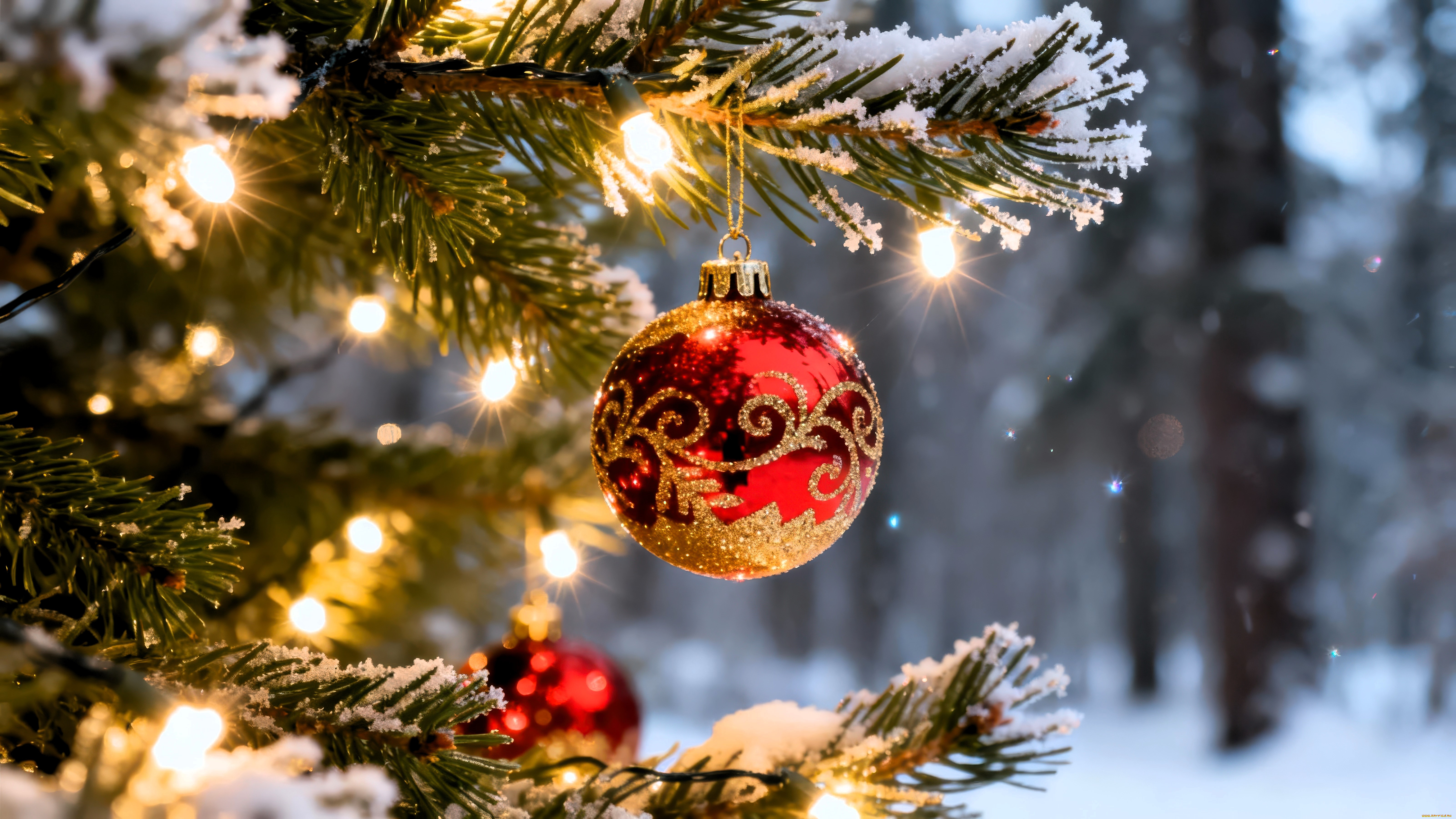 праздничные, шары, лес, снег, зима, ёлка, гирлянда, украшения, шарики