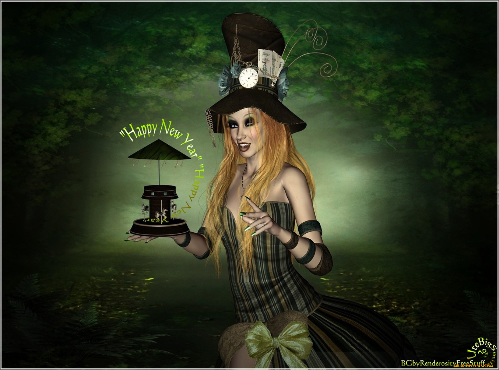 3д, графика, holidays, праздники, часы, шляпа, девушка