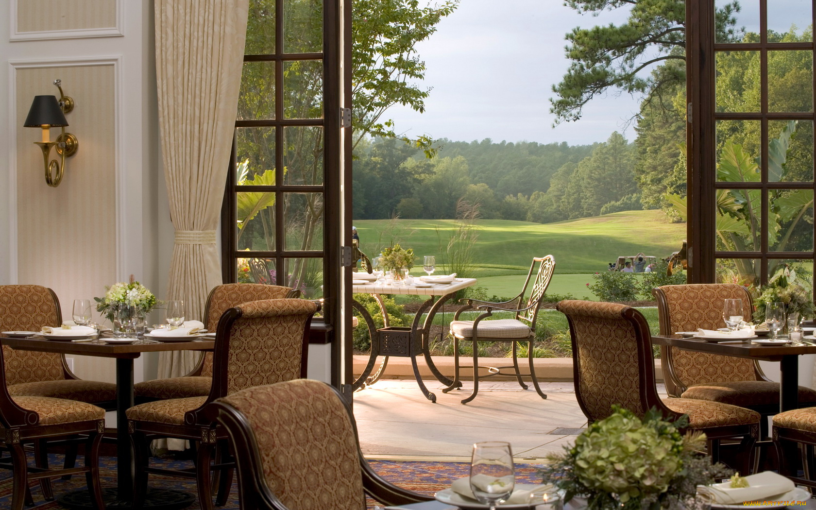 интерьер, кафе, рестораны, отели, веранда, столики, лужайка, лес