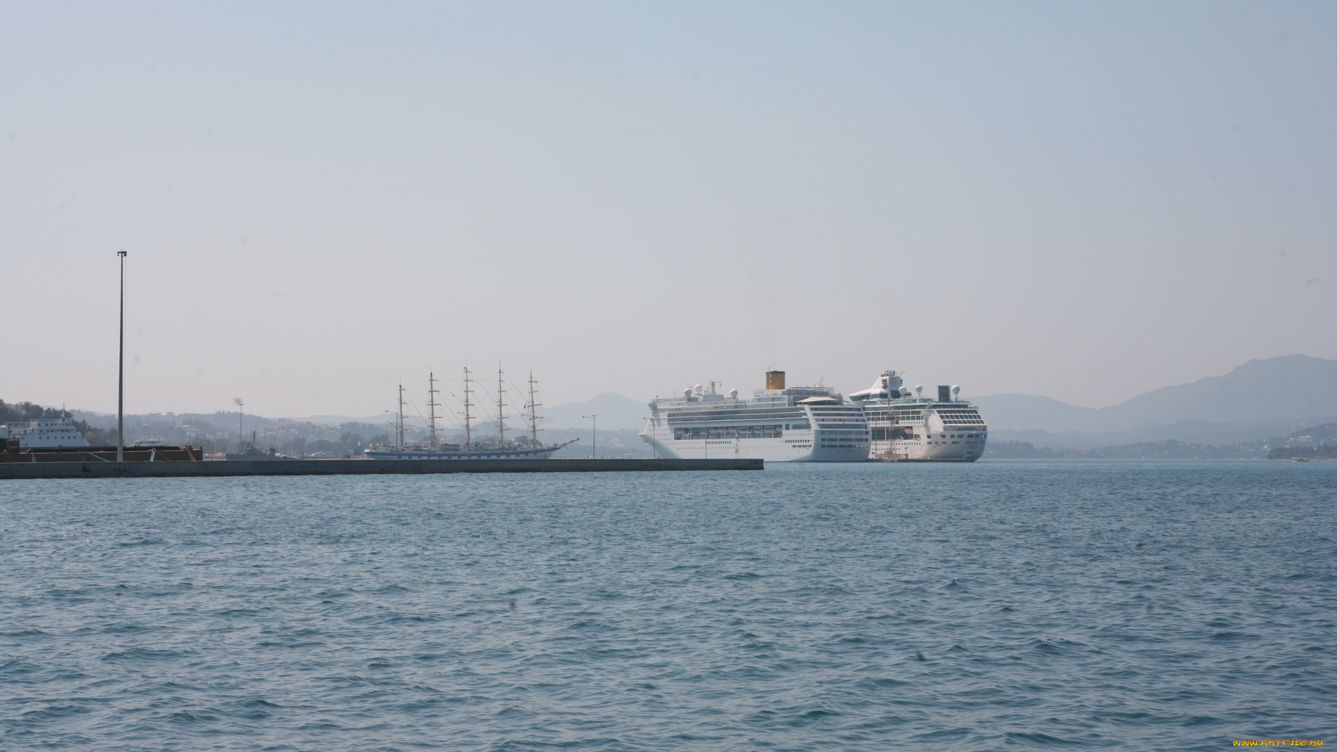 корабли, лайнеры, парусник, горы, море