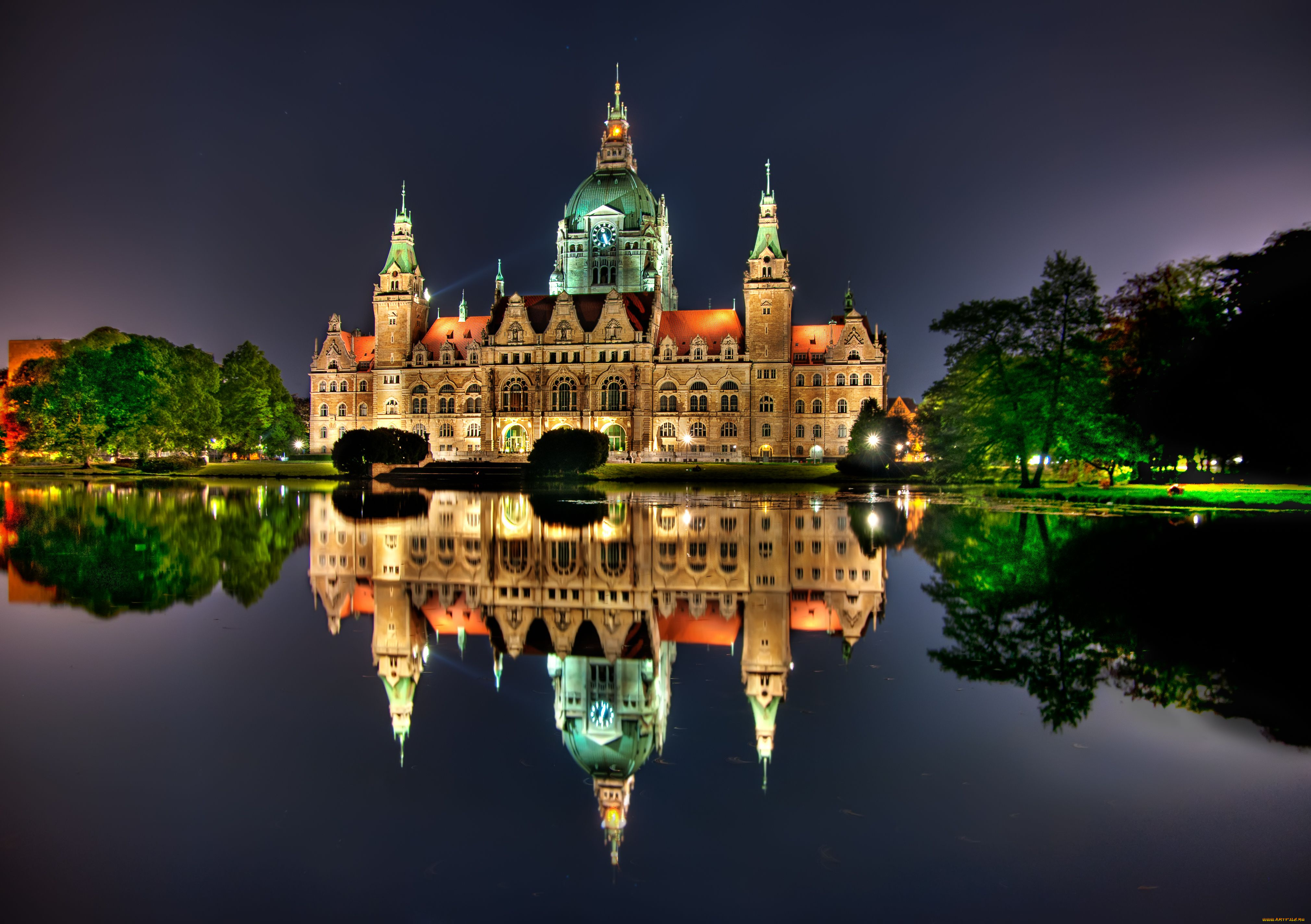 hannover, rathaus, города, огни, ночного, germany, отражение