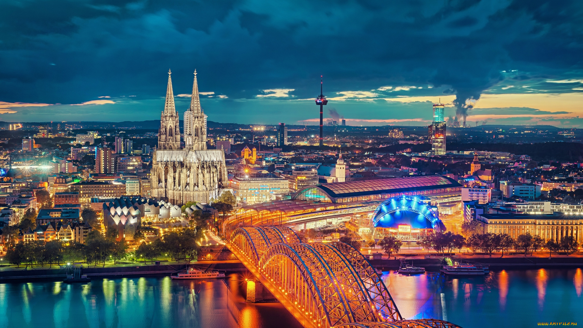 города, кельн, германия, мост, река, собор, ночь, панорама